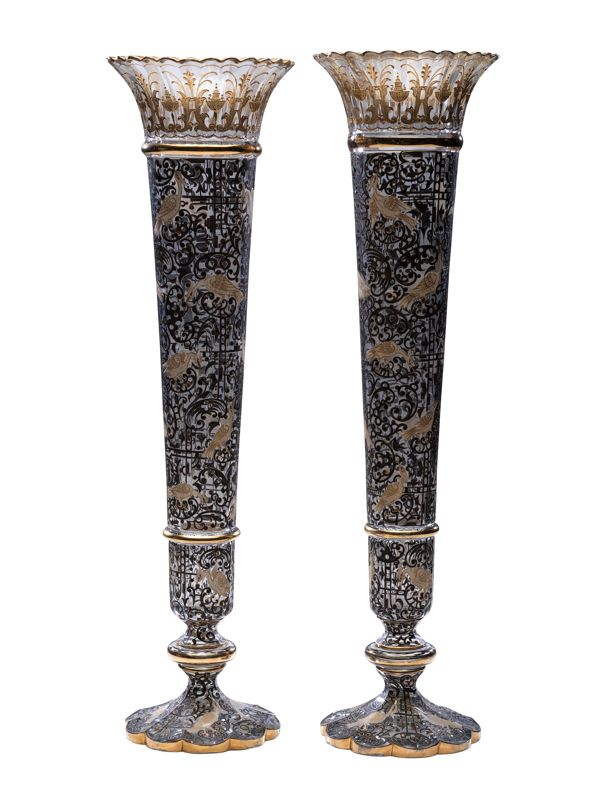 A Pair of Gilt and Paint Decorated Glass Trumpet Vases