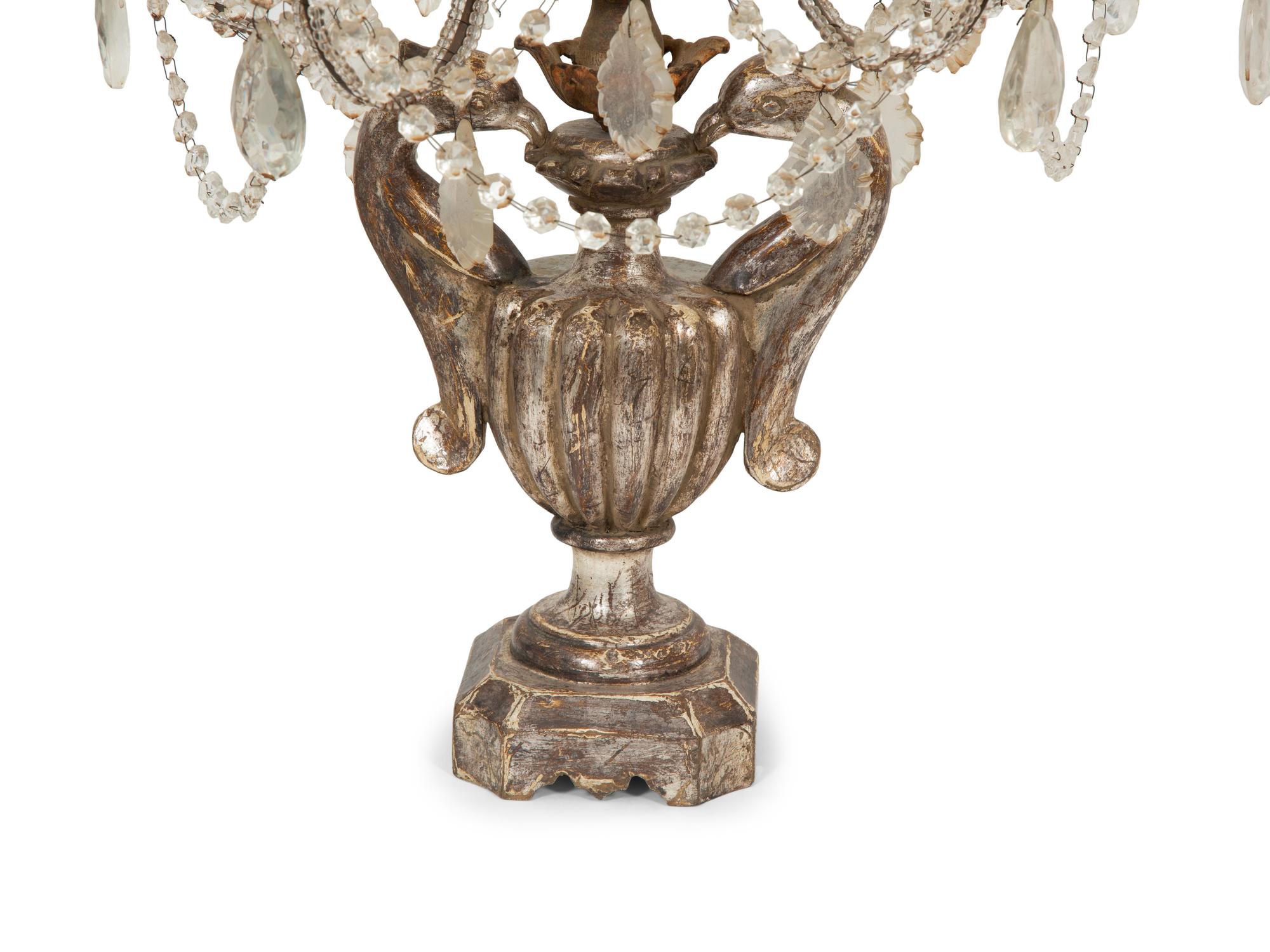 A Pair of Continental Carved Silvered Wood, Cut Glass and Beaded Candelabra