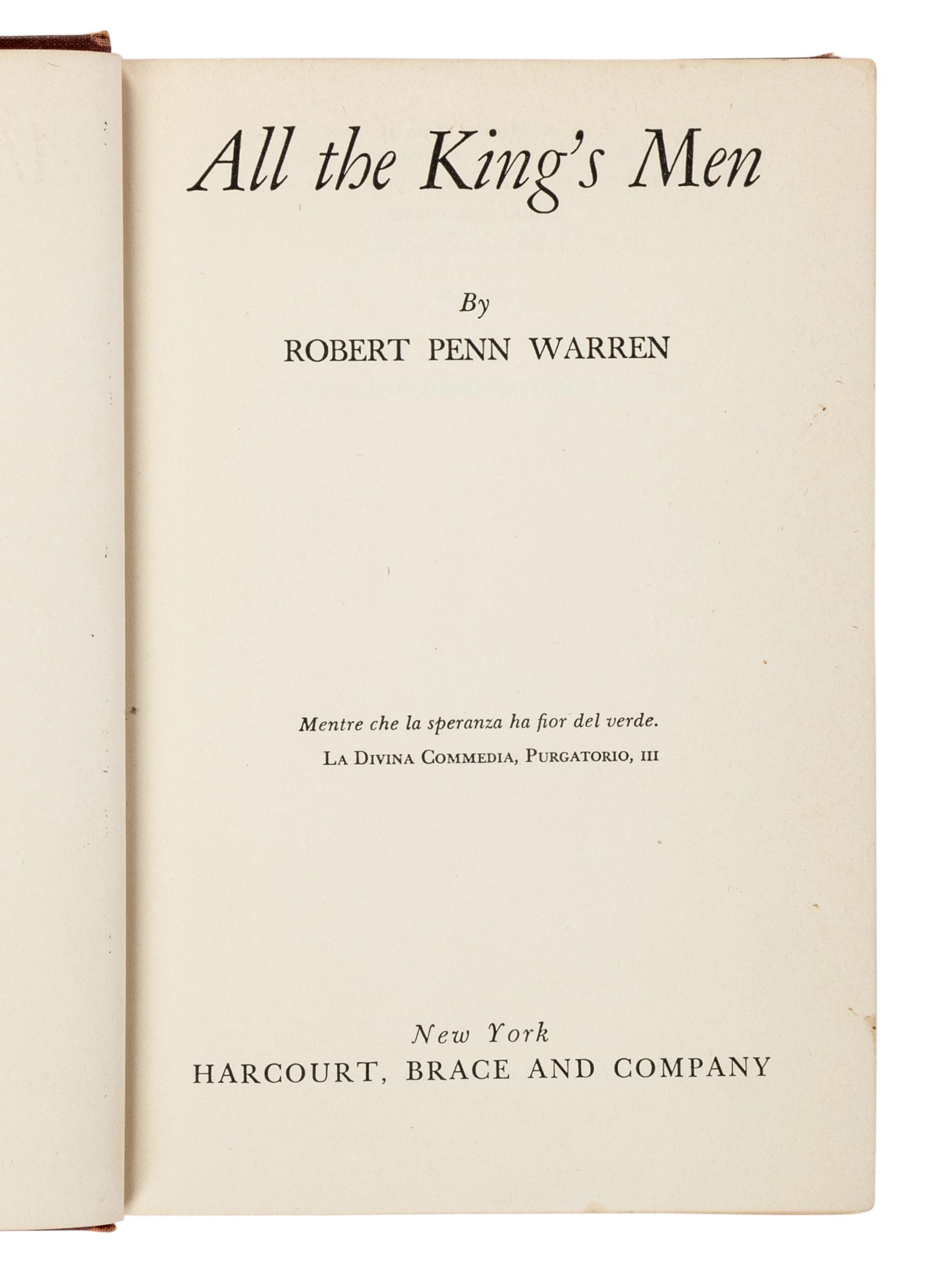 WARREN, Robert Penn (1905-1989). All The King's Men . New York: Harcourt, Brace and Company, 1946.