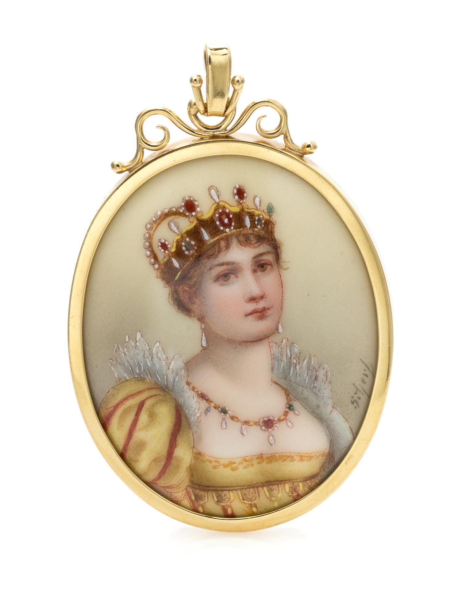An 18 Karat Yellow Gold and Polychrome Enamel Porcelain Portrait Miniature Pendant, 23.90 dwts.