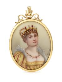 An 18 Karat Yellow Gold and Polychrome Enamel Porcelain Portrait Miniature Pendant, 23.90 dwts.