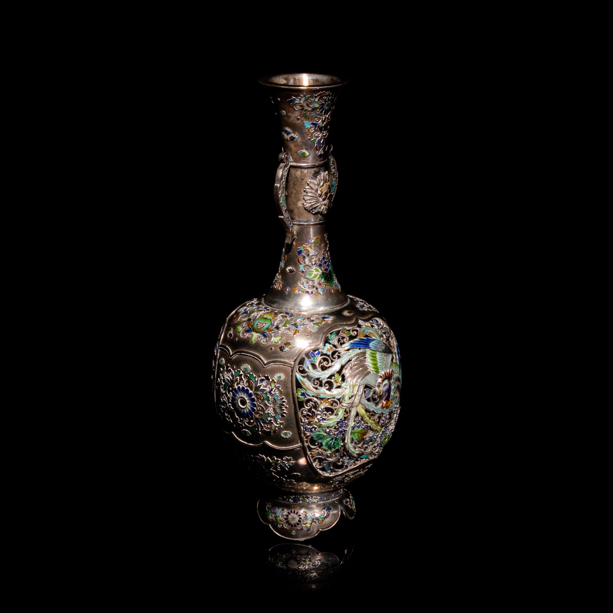 A Japanese Pierced Silver and Enamel Vase, Early 20th Century