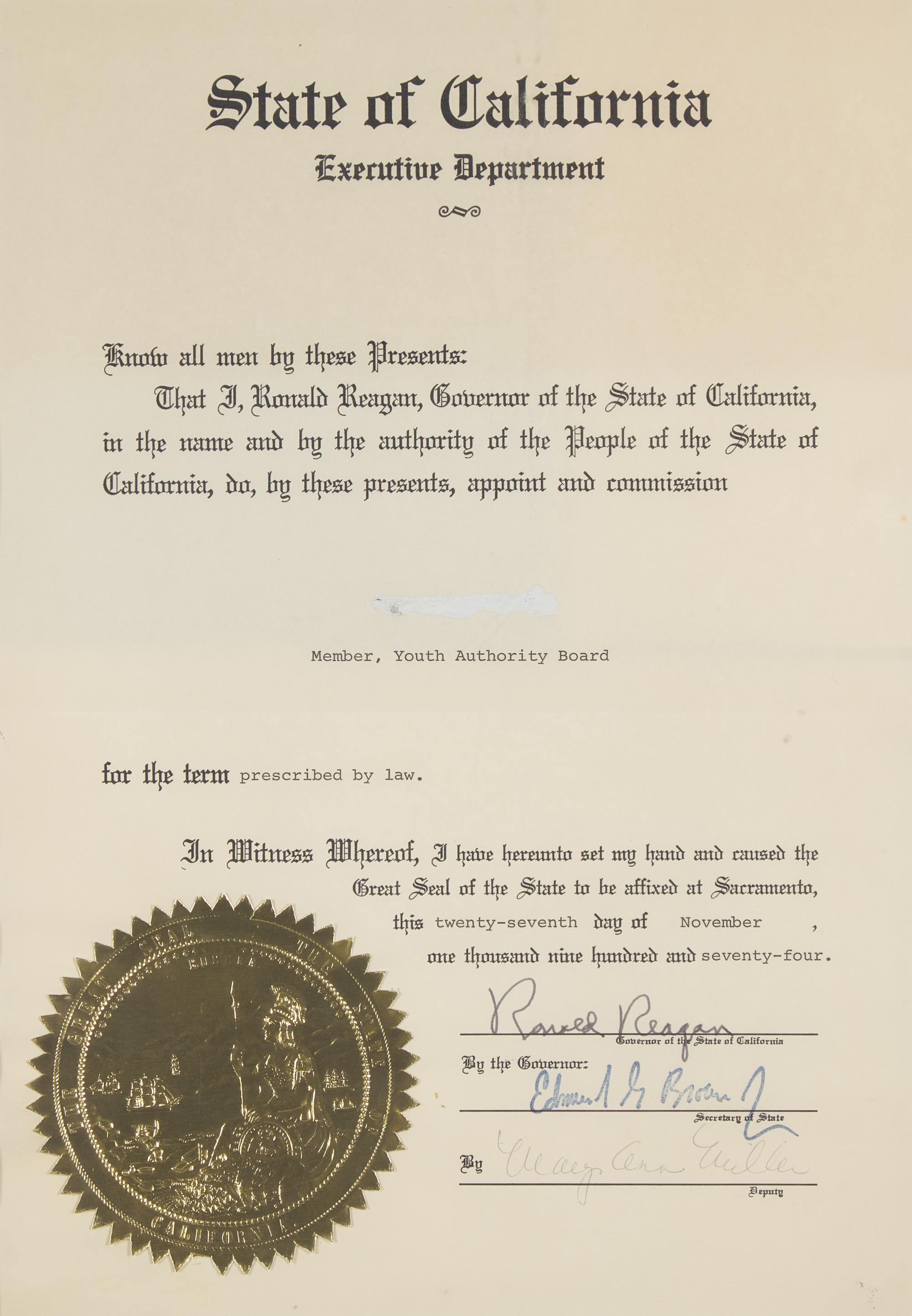 [Presidential] Reagan, Ronald. Partially-printed document, signed