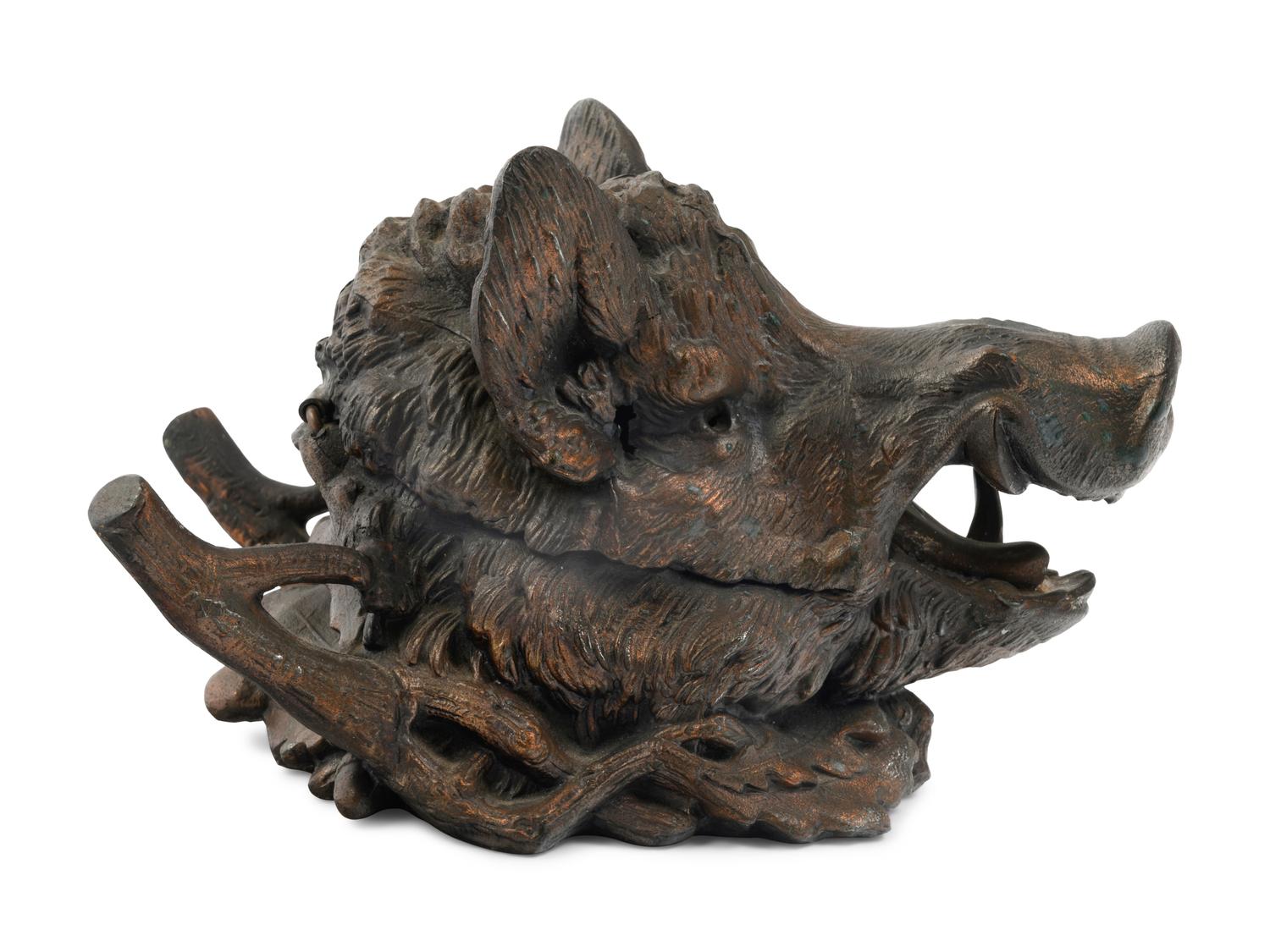 A French Patinated Metal Boar's Head Ink Stand After Christophe Fratin (French, 1801-1864)