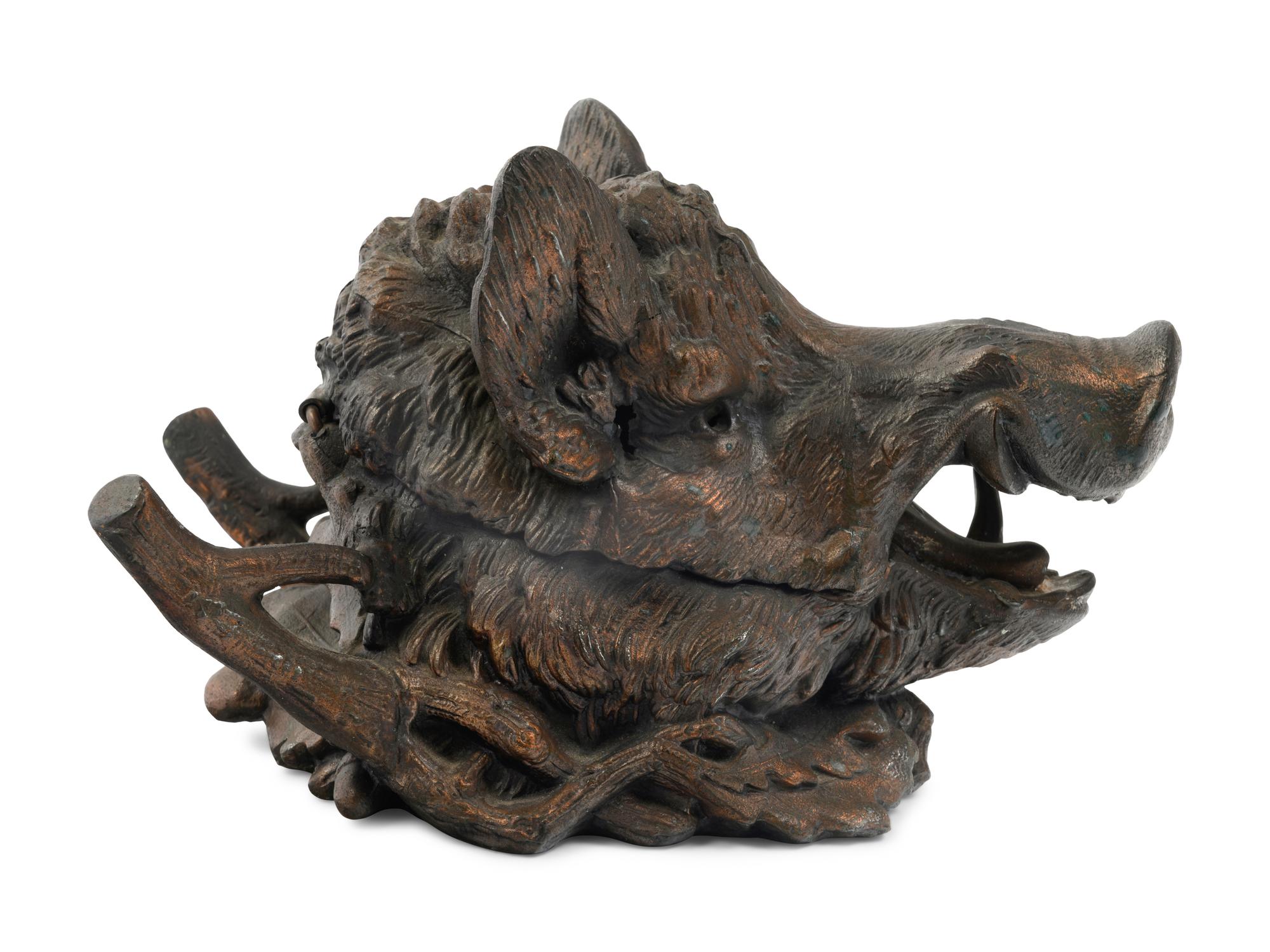 A French Patinated Metal Boar's Head Ink Stand After Christophe Fratin (French, 1801-1864)