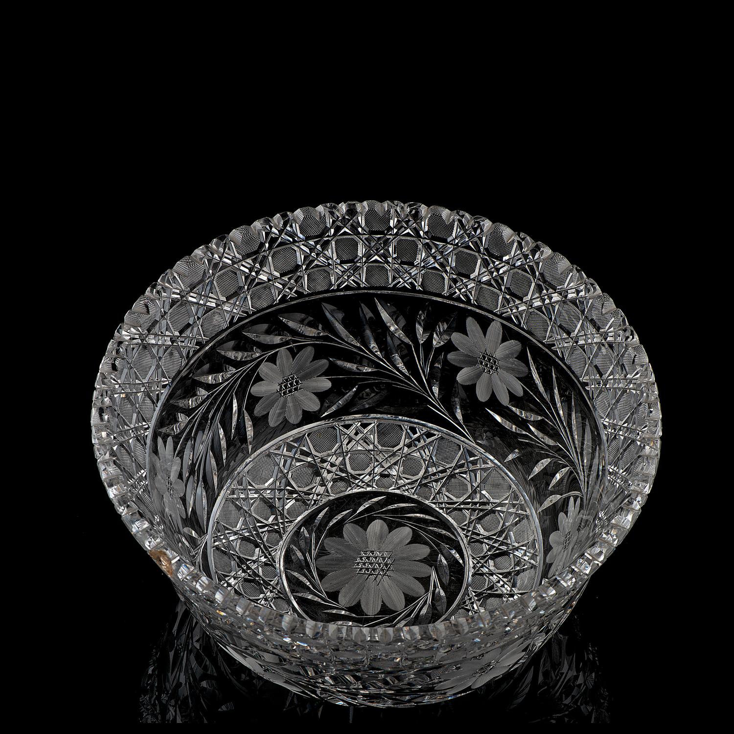 A Floral-Period Cut Glass Punch Bowl with Daisies or Sunflowers