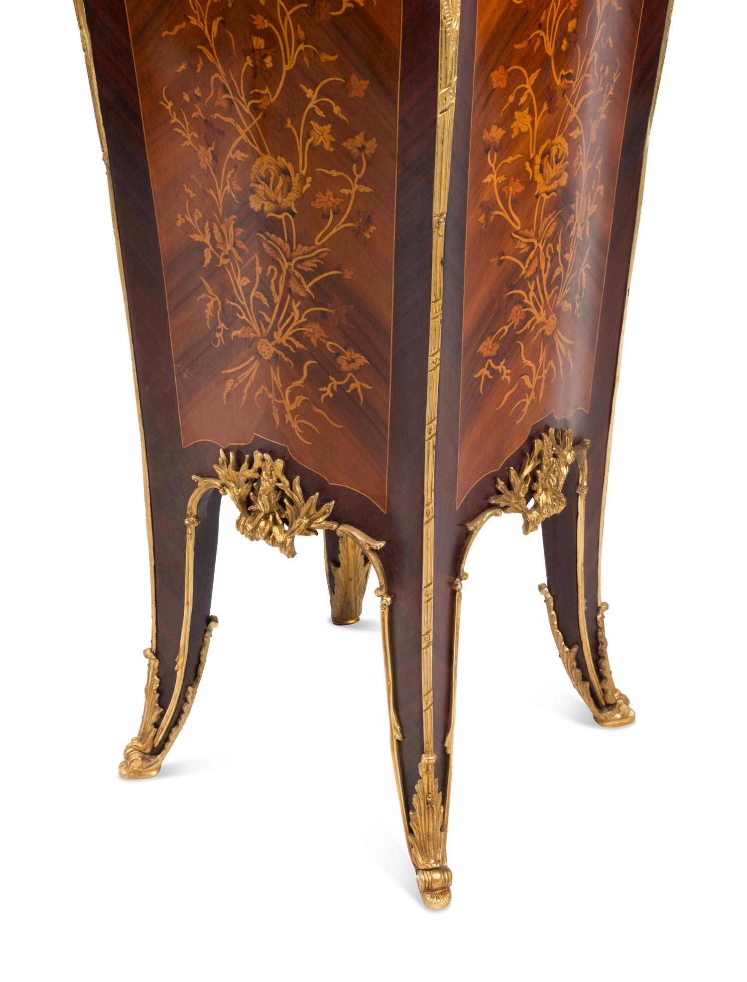 A Pair of Louis XV Style Gilt Bronze Mounted Marquetry Pedestals