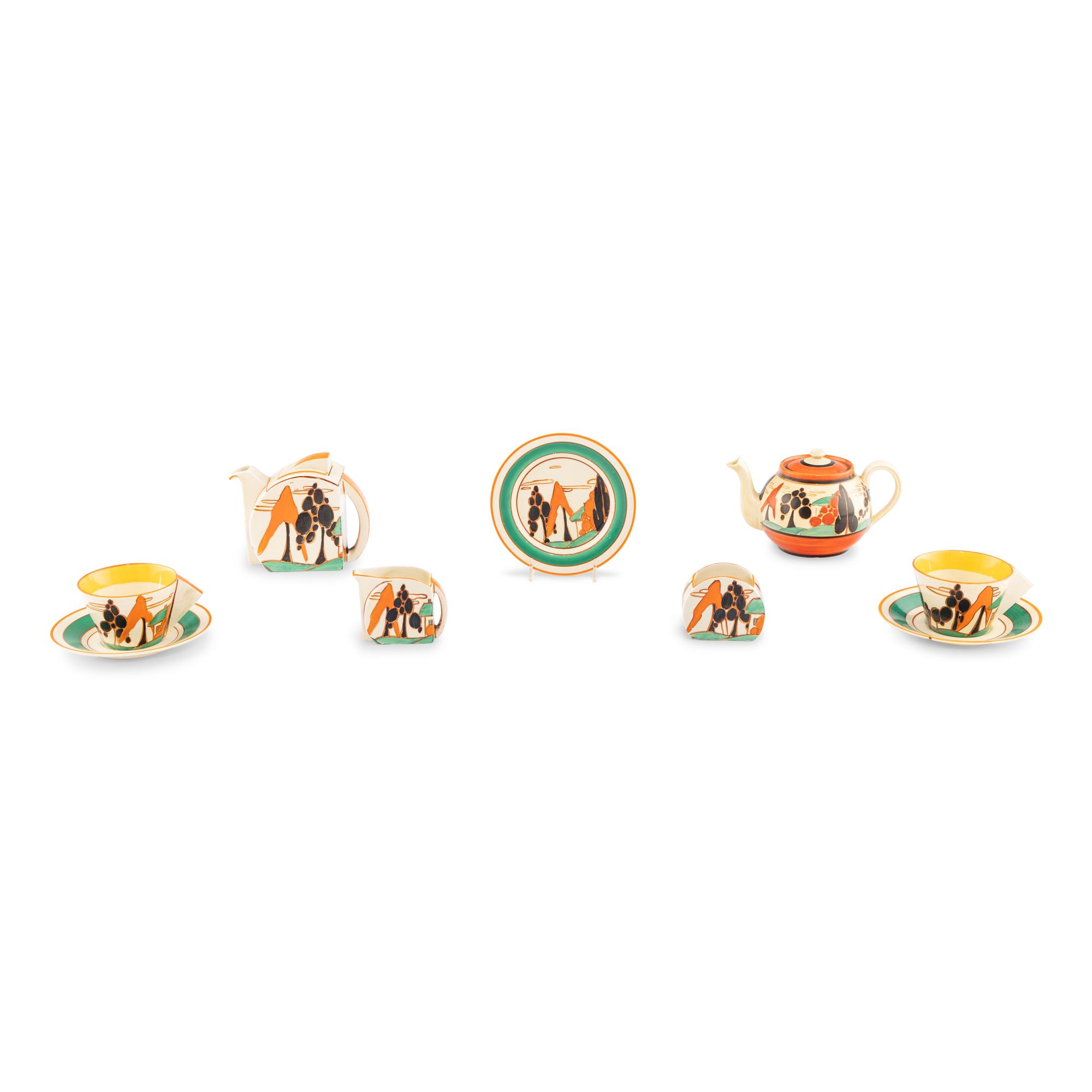 A Group of Seven Clarice Cliff Trees and House (Alpine) Ceramic Table Articles