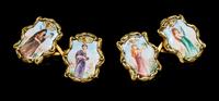 A Pair of Art Nouveau 18 Karat Yellow Gold and Portrait Miniature Cufflinks, Tiffany & Co., 11.00 dwts.