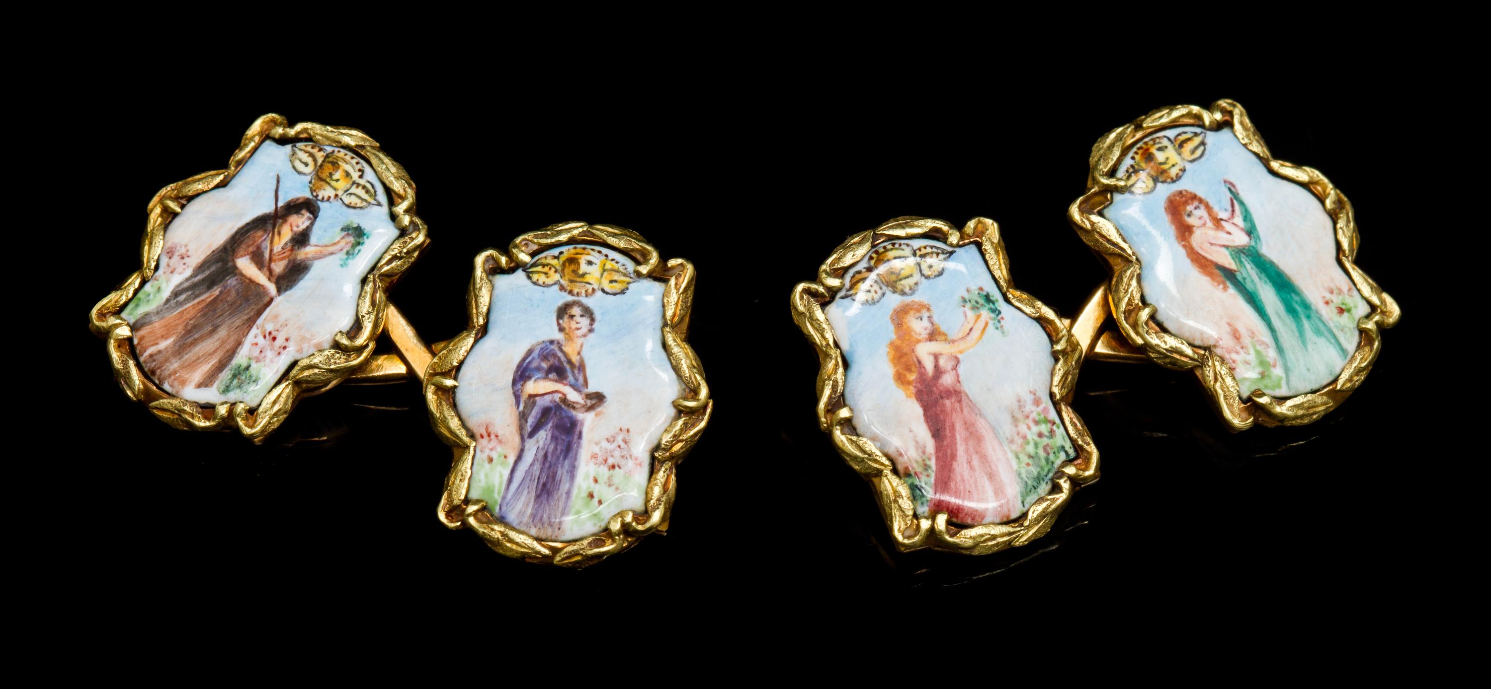 A Pair of Art Nouveau 18 Karat Yellow Gold and Portrait Miniature Cufflinks, Tiffany & Co., 11.00 dwts.