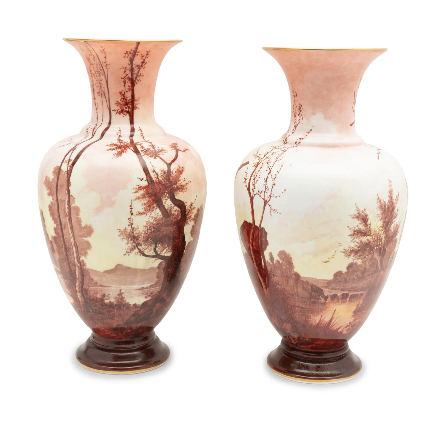 A Large Pair of French Painted Opaline Glass Vases