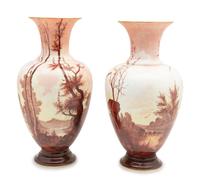 A Large Pair of French Painted Opaline Glass Vases