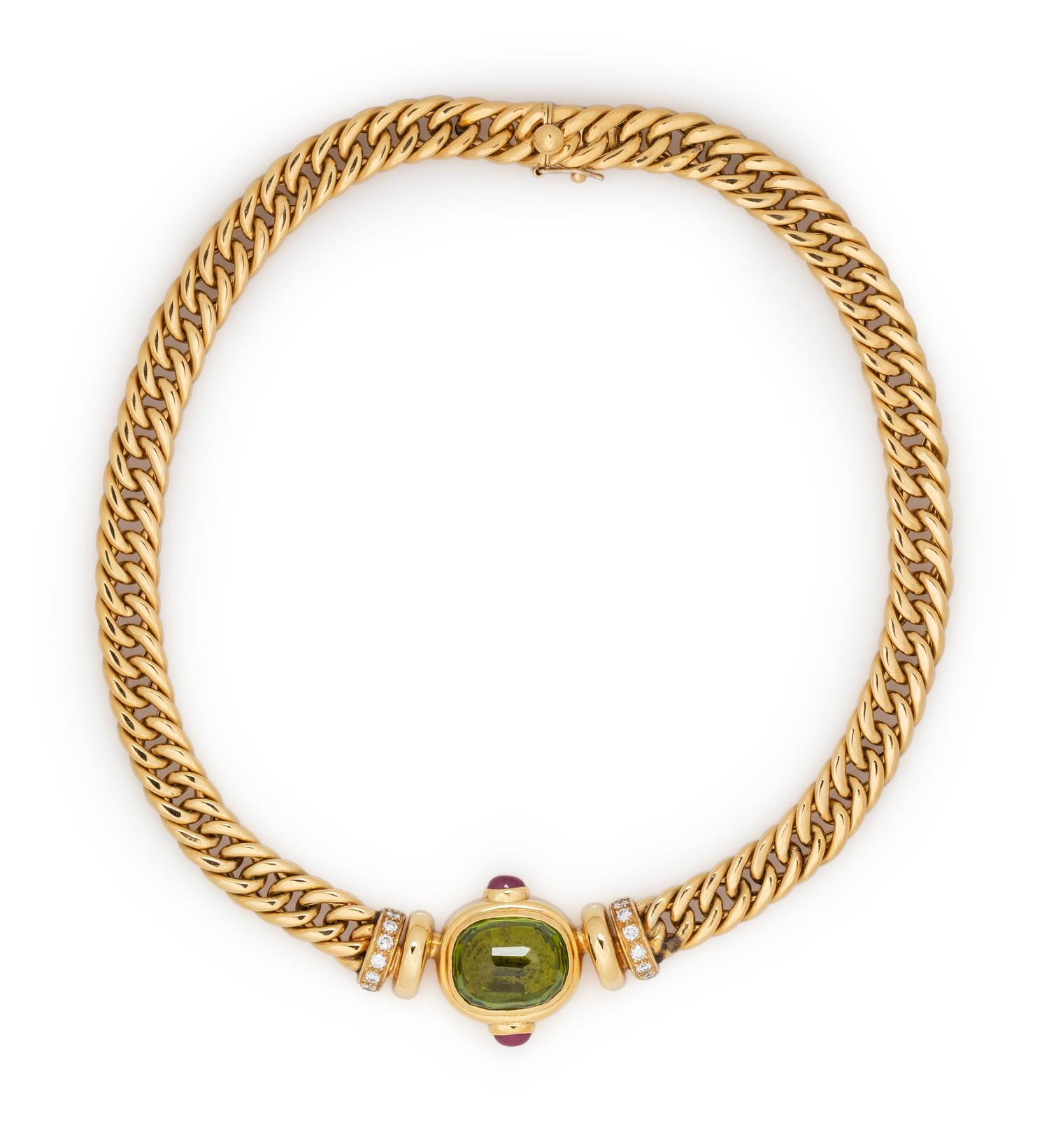YELLOW GOLD, PERIDOT, RUBY AND DIAMOND NECKLACE