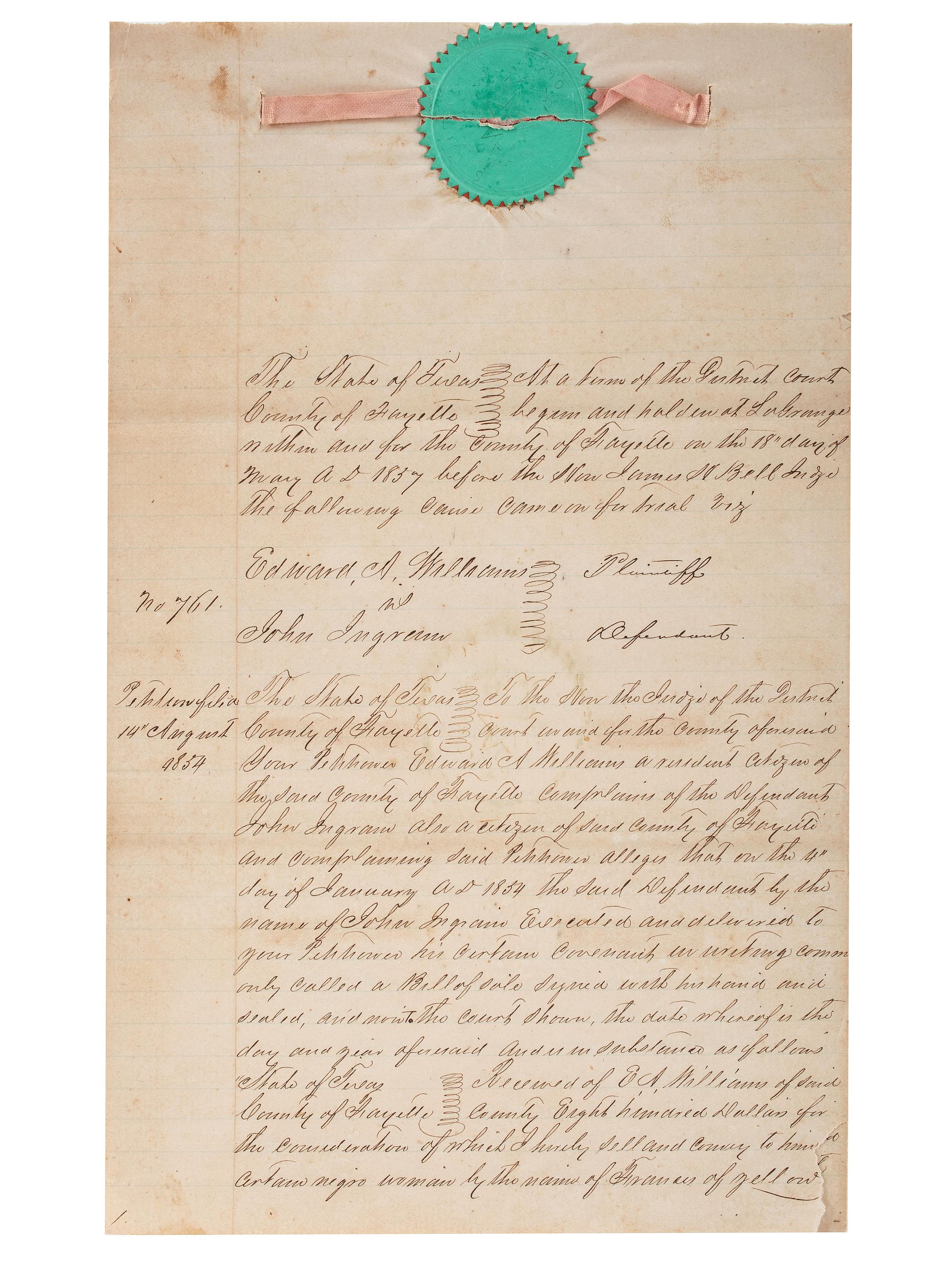 [SLAVERY & ABOLITION]. Manuscript court document related to the sale of an enslaved woman named "Frances," Fayette County, TX, 1857.