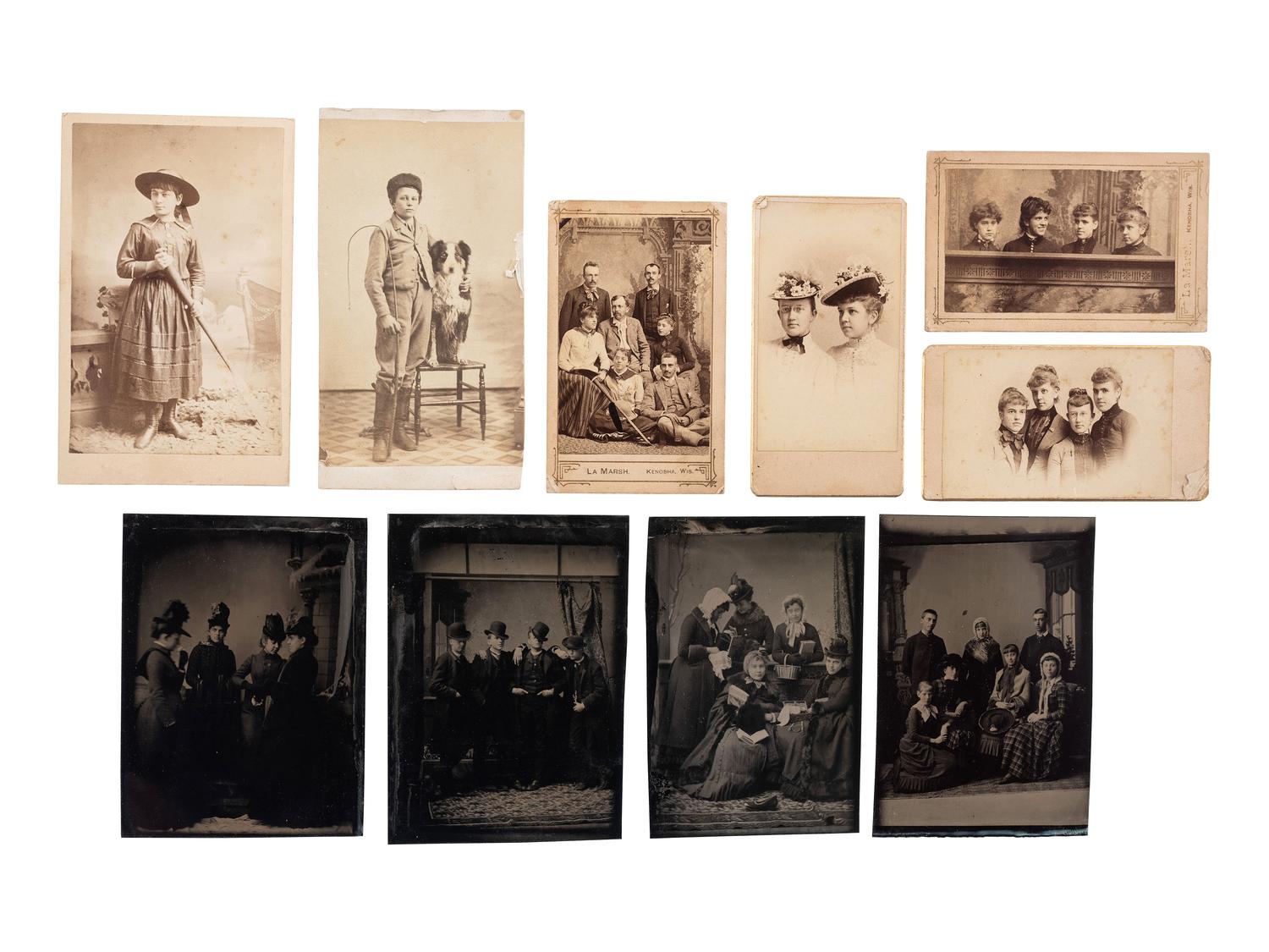 [EARLY PHOTOGRAPHY - PORTRAITURE]. A group of 21 assorted daguerreotypes, ambrotypes, tintypes, and CDVs of men, women, and children, with Kenosha, WI album with tintypes, CDVs, and cabinet cards.