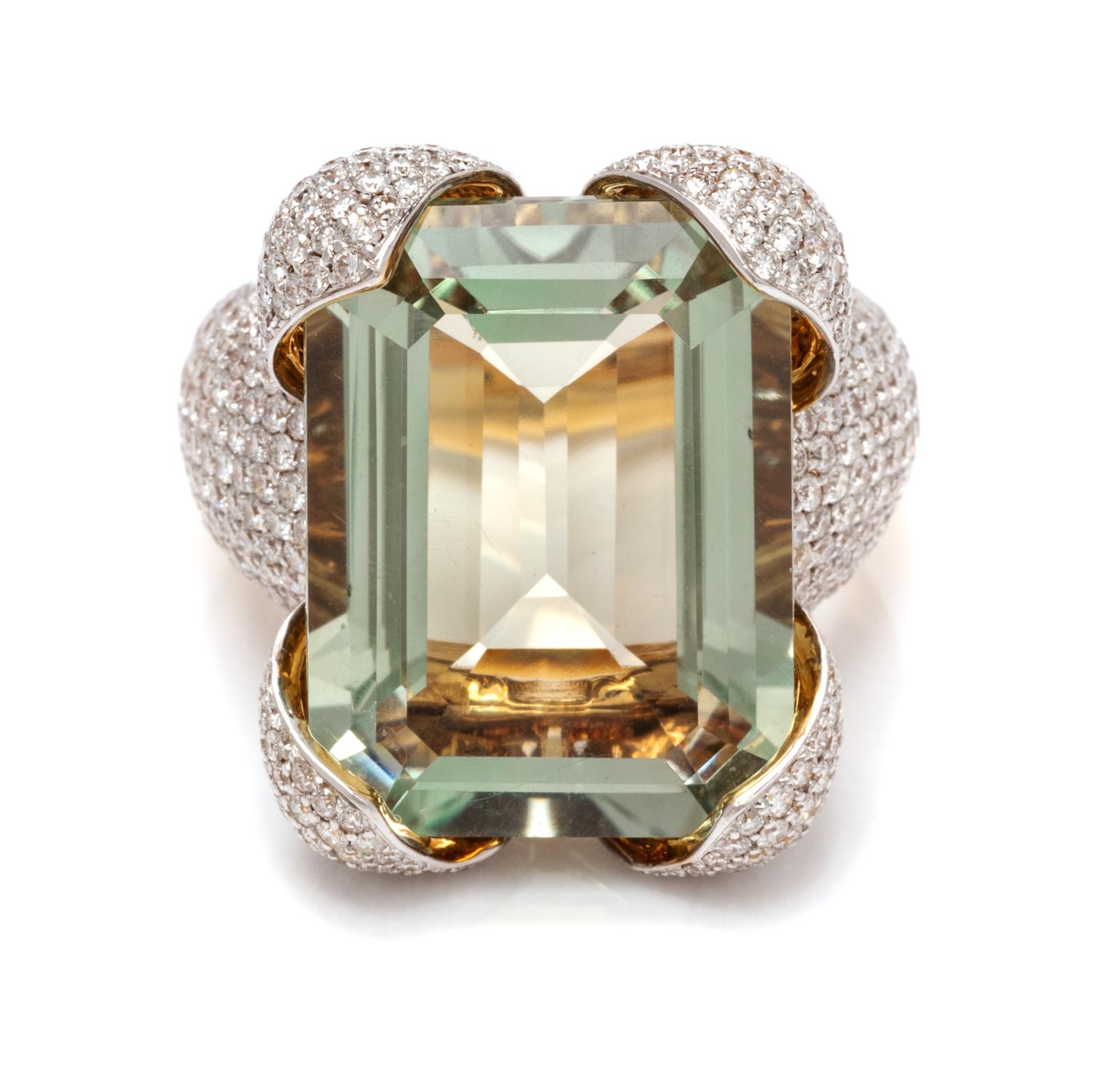 An 18 Karat Yellow Gold, Prasiolite and Diamond Ring, 11.65 dwts.