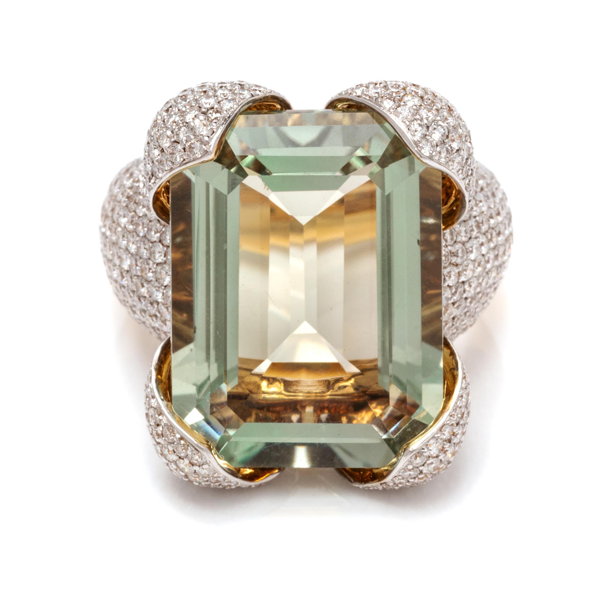 An 18 Karat Yellow Gold, Prasiolite and Diamond Ring, 11.65 dwts.