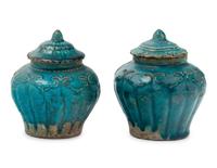 A Pair of Chinese Turquoise Glazed Stoneware Covered Jars