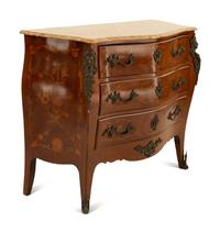 A Louis XV Style Bronze Mounted Marquetry Marble-Top Commode