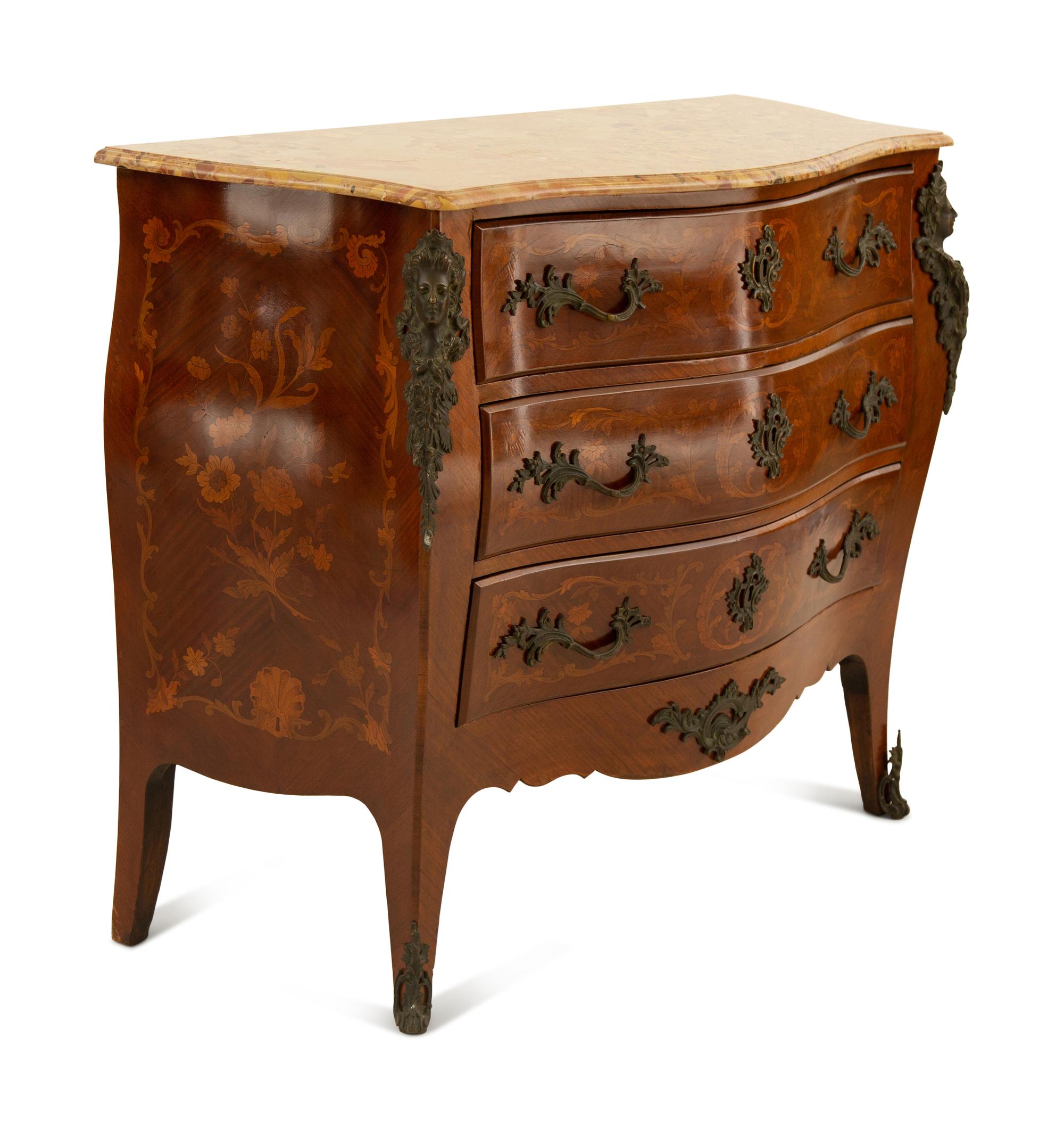 A Louis XV Style Bronze Mounted Marquetry Marble-Top Commode