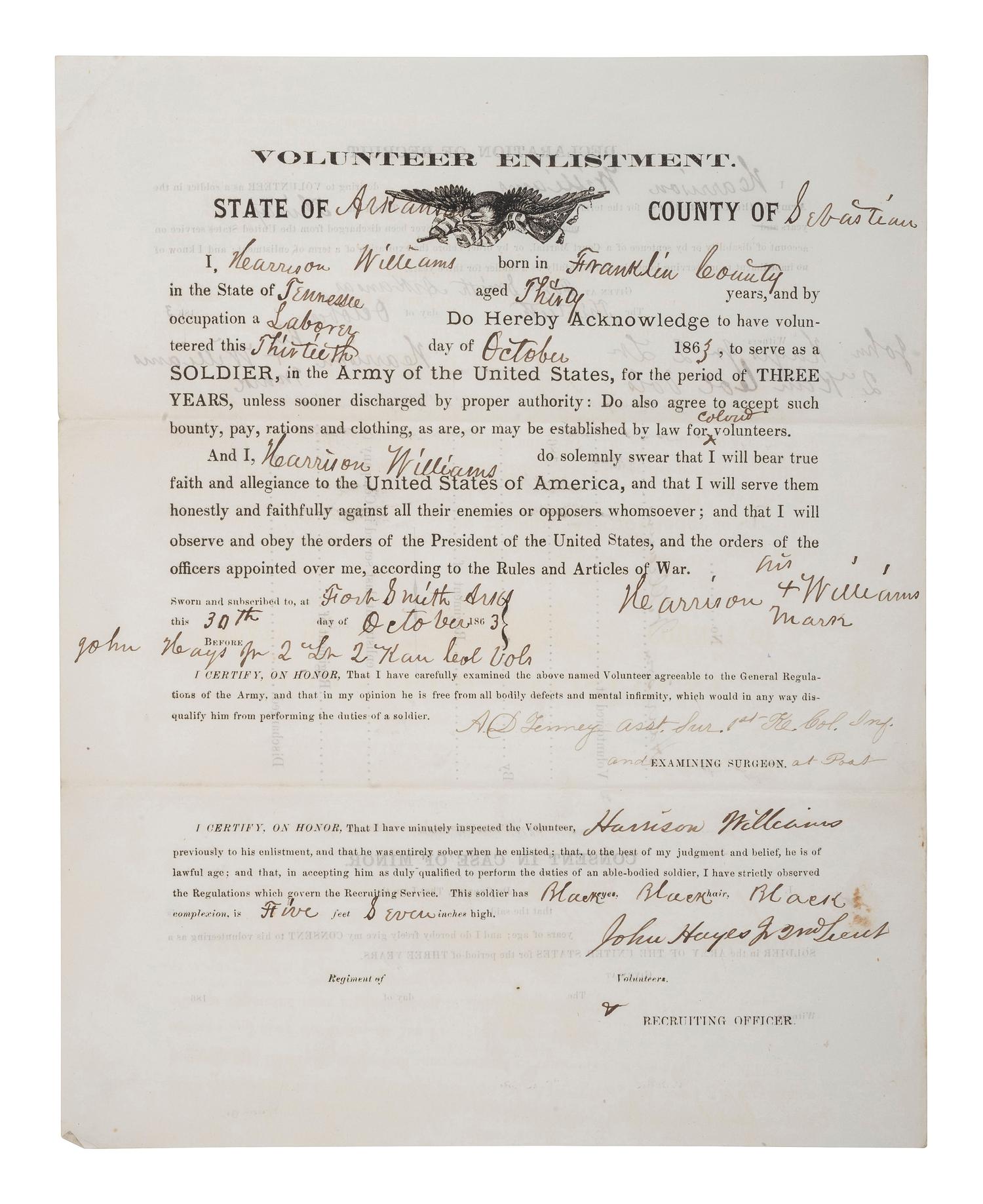[CIVIL WAR]. WILLIAMS, Harrison (b. ca 1833). Partly printed volunteer enlistment document, 1st Kansas Colored Infantry, later 79th USCT. Fort Smith, AR, 30 October 1863.