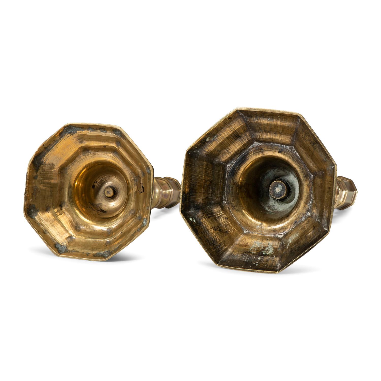 Two English Brass Octagonal Base Candlesticks