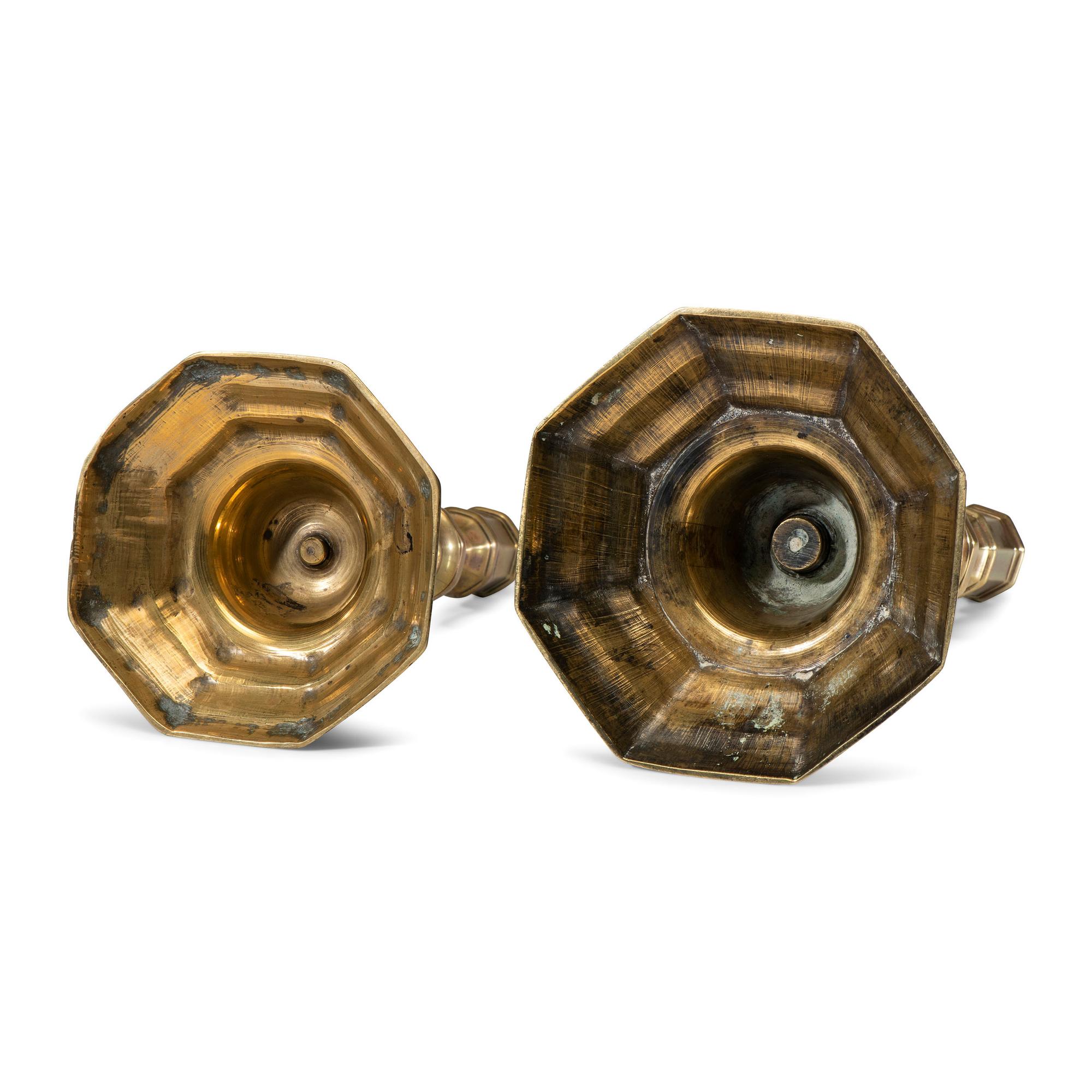 Two English Brass Octagonal Base Candlesticks