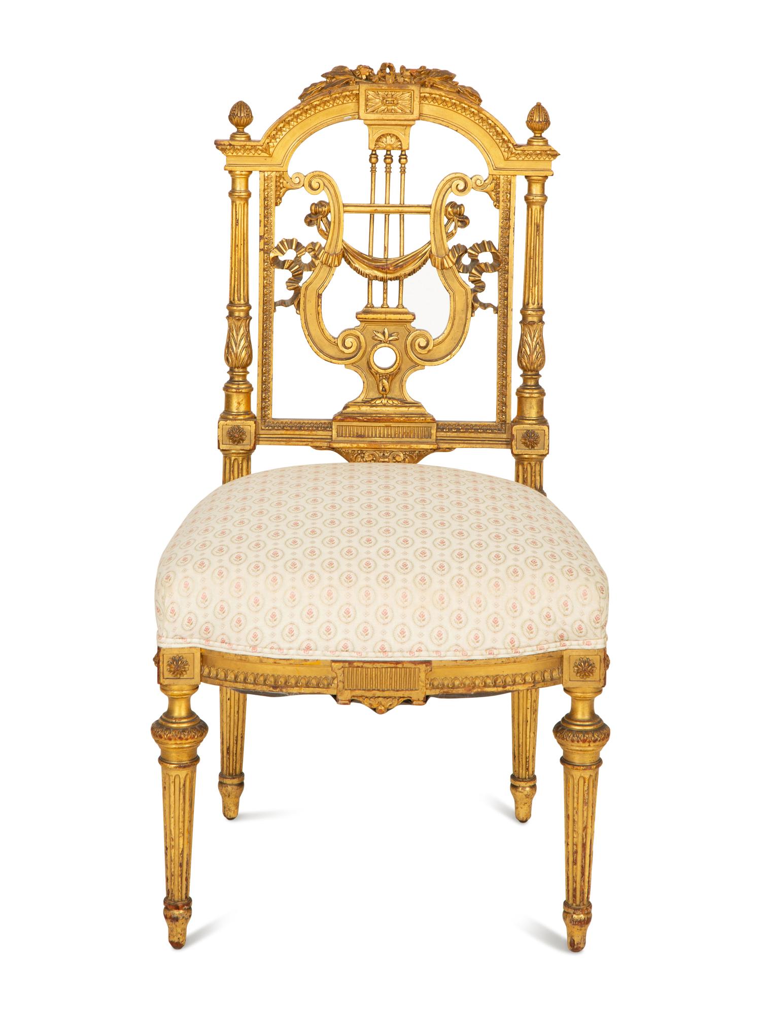 A Diminutive Louis XVI Style Giltwood Lyre-Back Chair