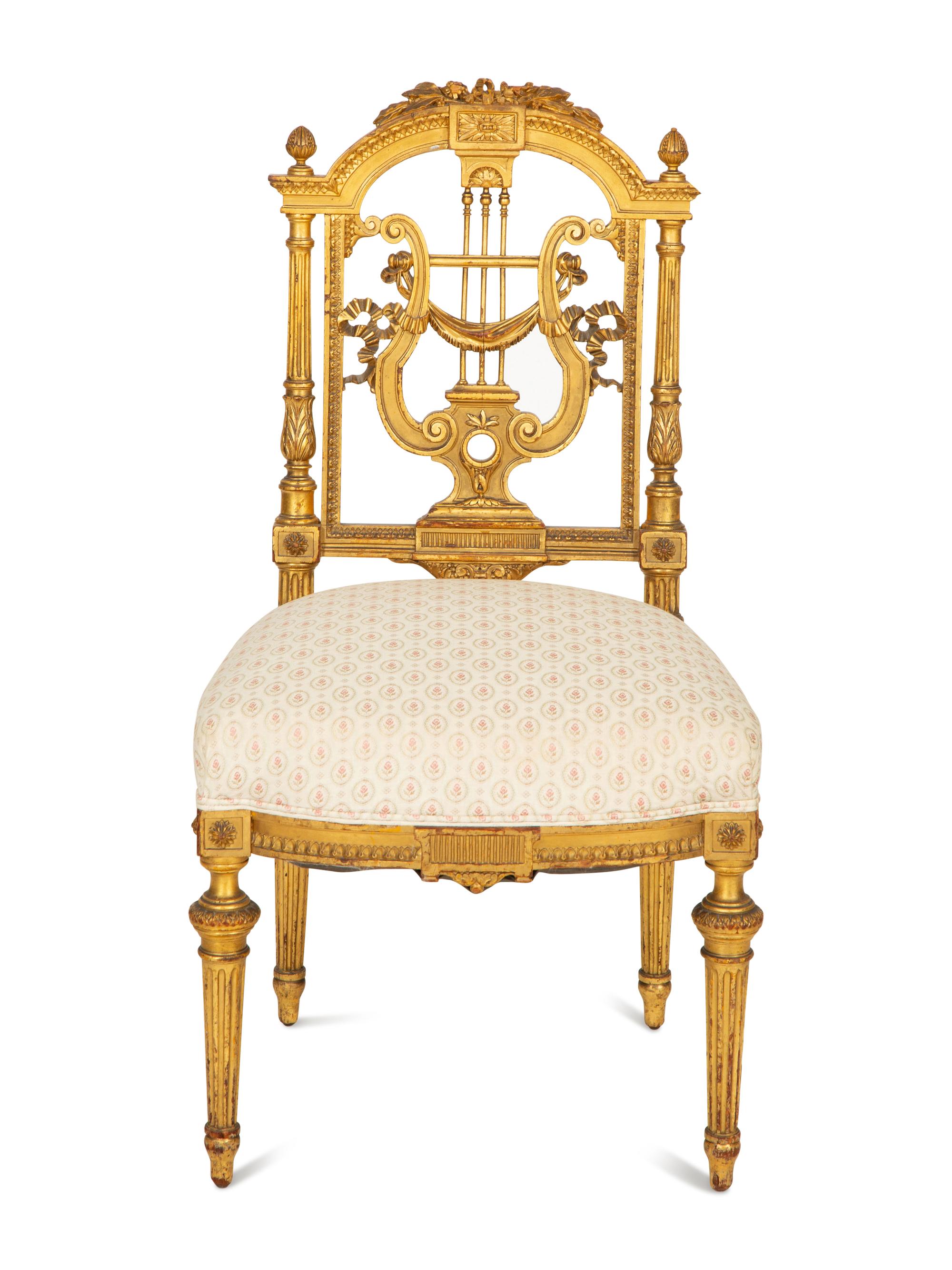 A Diminutive Louis XVI Style Giltwood Lyre-Back Chair
