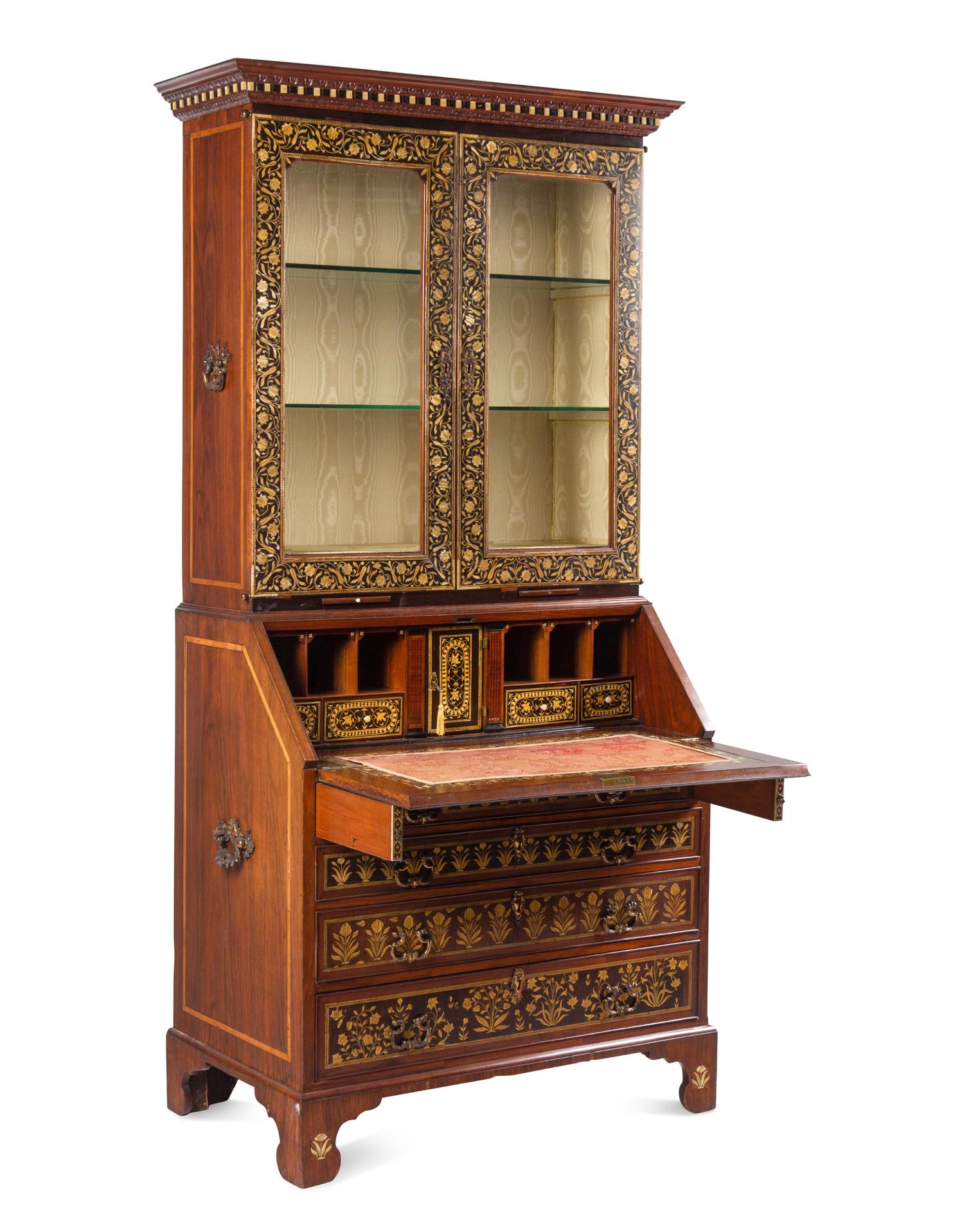 An Anglo-Indian Ivory-Inlaid Indian Rosewood Secretary Bookcase