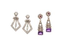 TWO PAIRS OF WHITE GOLD AND GEMSTONE EARRINGS