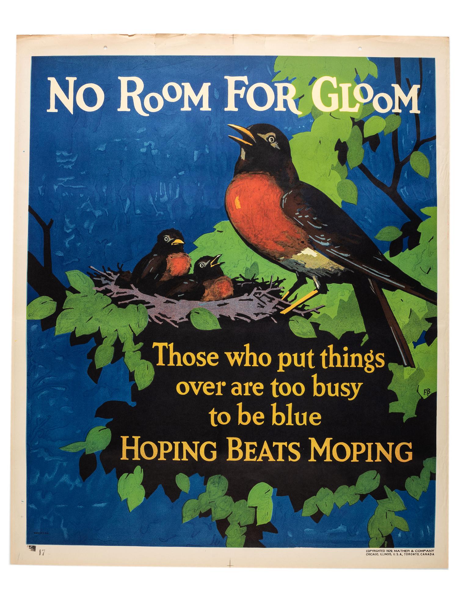 [POSTERS]. A group of 2 Mather Work posters, incl. ELMES, Willard Frederic, artist. Hungry! Spoiled work feeds the vulture of waste. Starve Him! Chicago: Mather & Co., 1929.