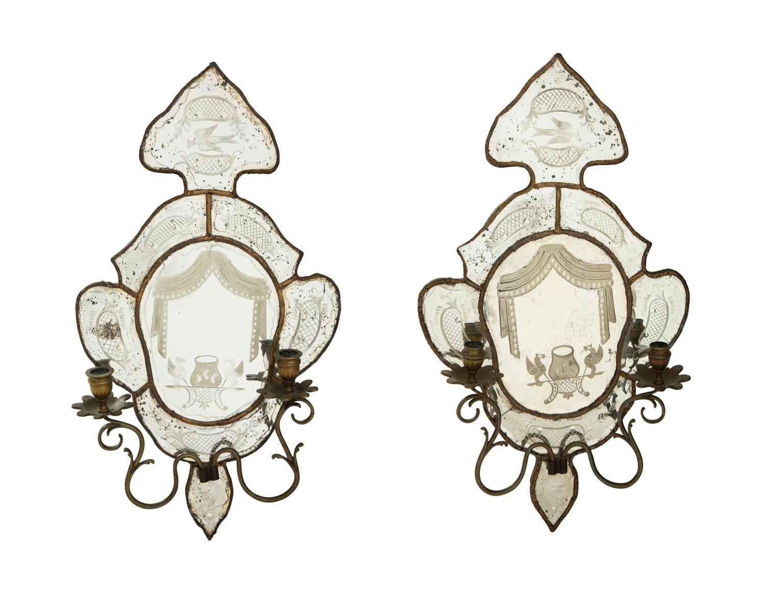 A Pair of Venetian Etched Glass Two-Light Girandole Mirrors
