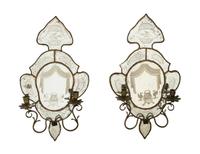 A Pair of Venetian Etched Glass Two-Light Girandole Mirrors