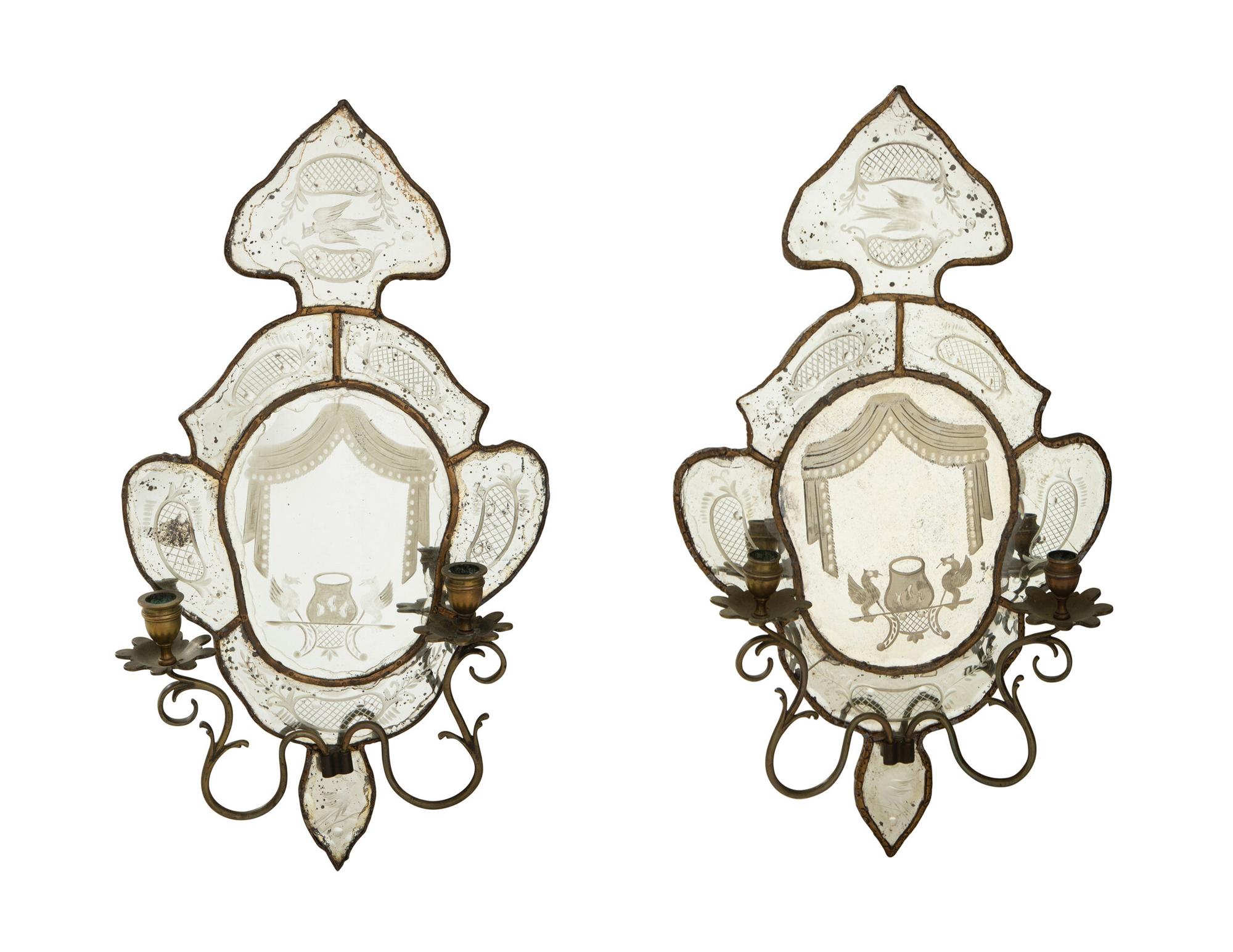 A Pair of Venetian Etched Glass Two-Light Girandole Mirrors