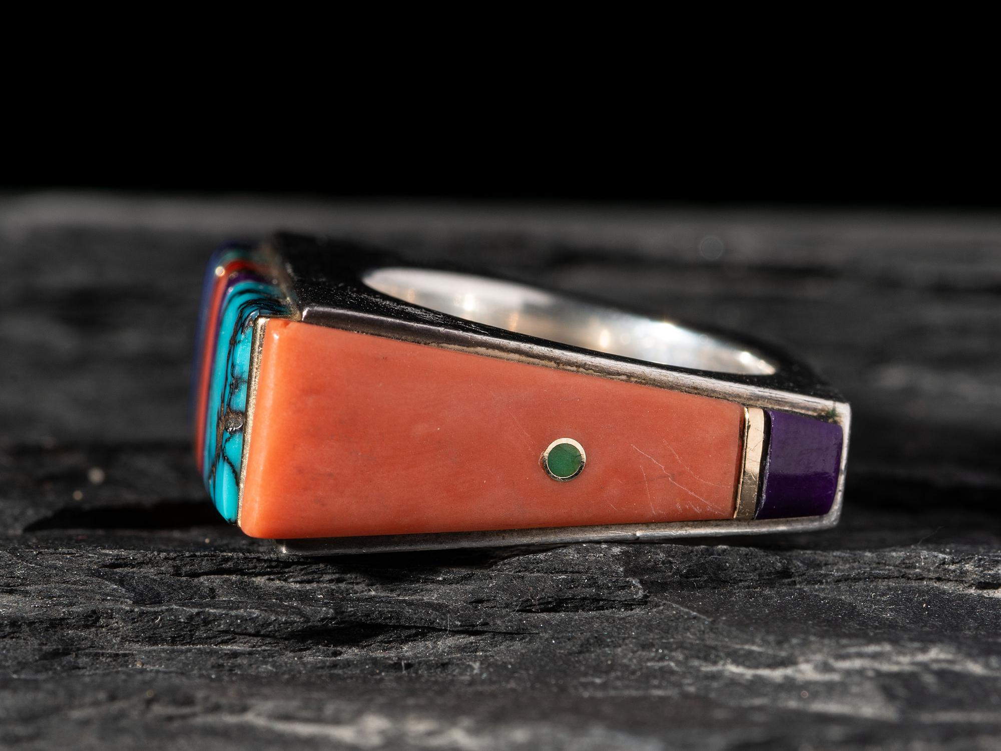 Silver Ring, set with Turquoise, Coral, Lapis, Sugilite, Opal, and 14K Gold Spacers