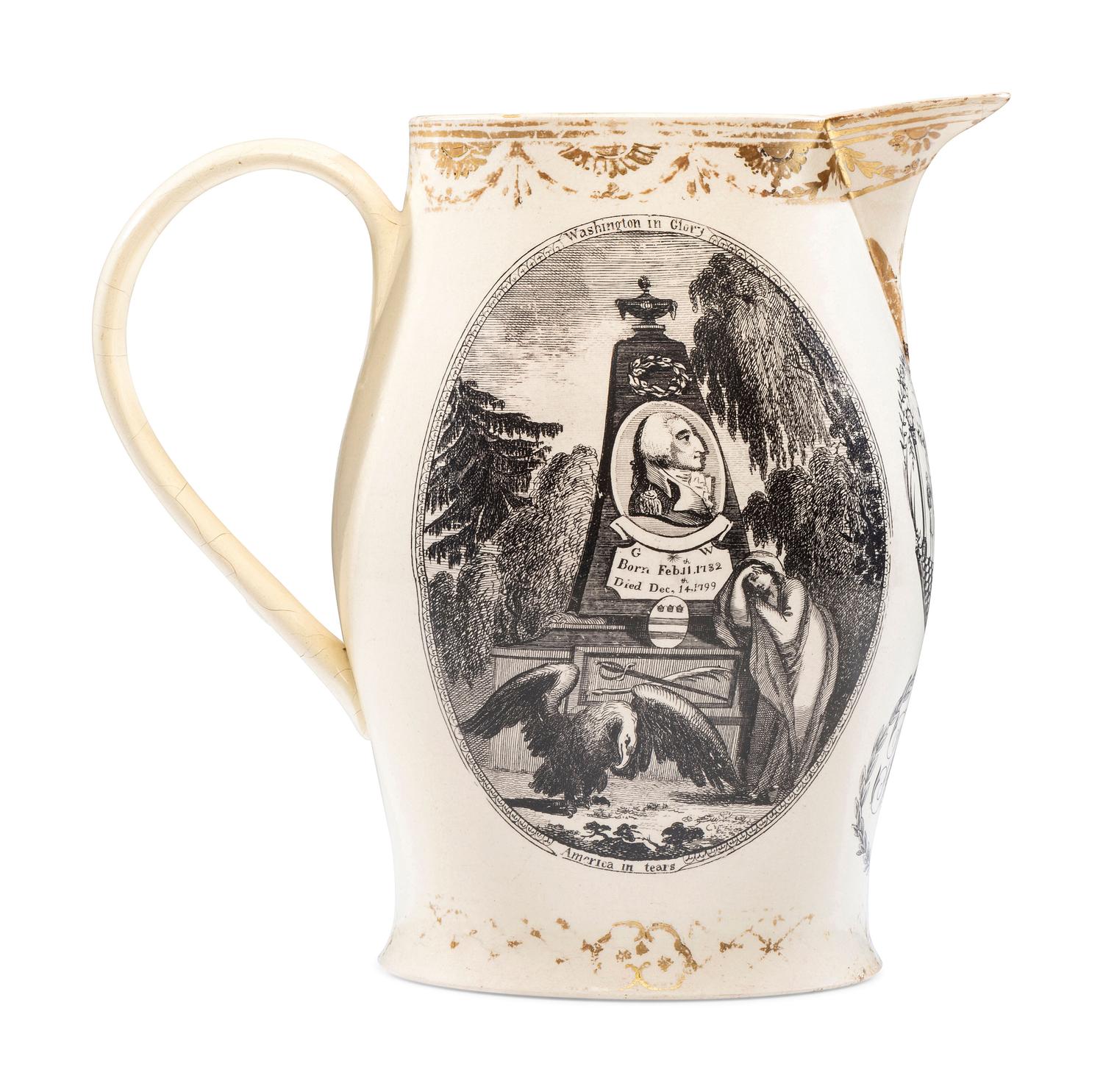 A Liverpool Transfer-Printed Creamware 'Emblem of America / Washington in Glory' Pitcher