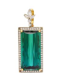 An 18 Karat Bicolor Gold, Green Tourmaline and Diamond Pendant,