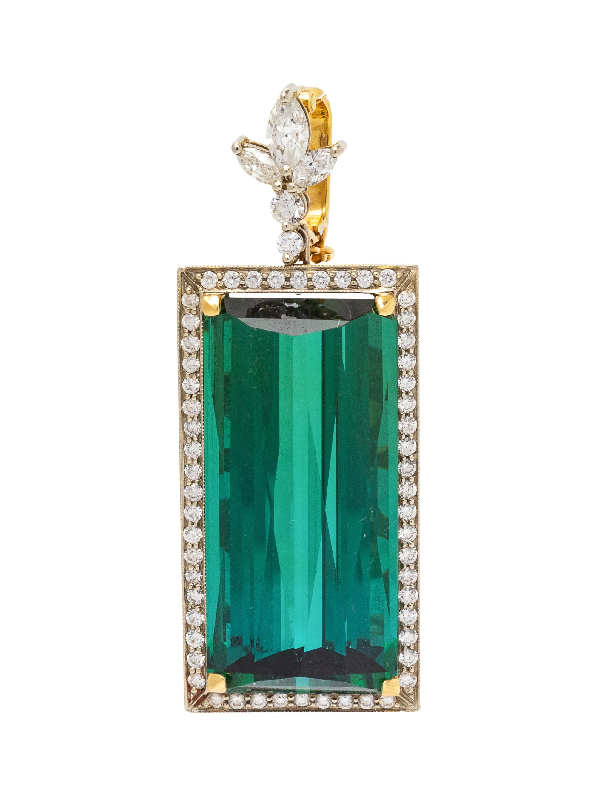 An 18 Karat Bicolor Gold, Green Tourmaline and Diamond Pendant,