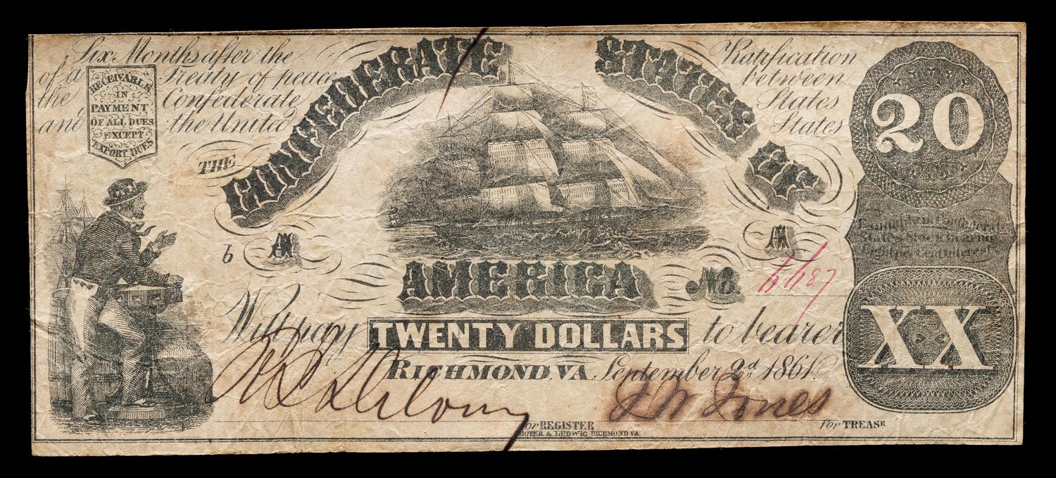 An 1861 Confederate States of America T-18 $20 Note