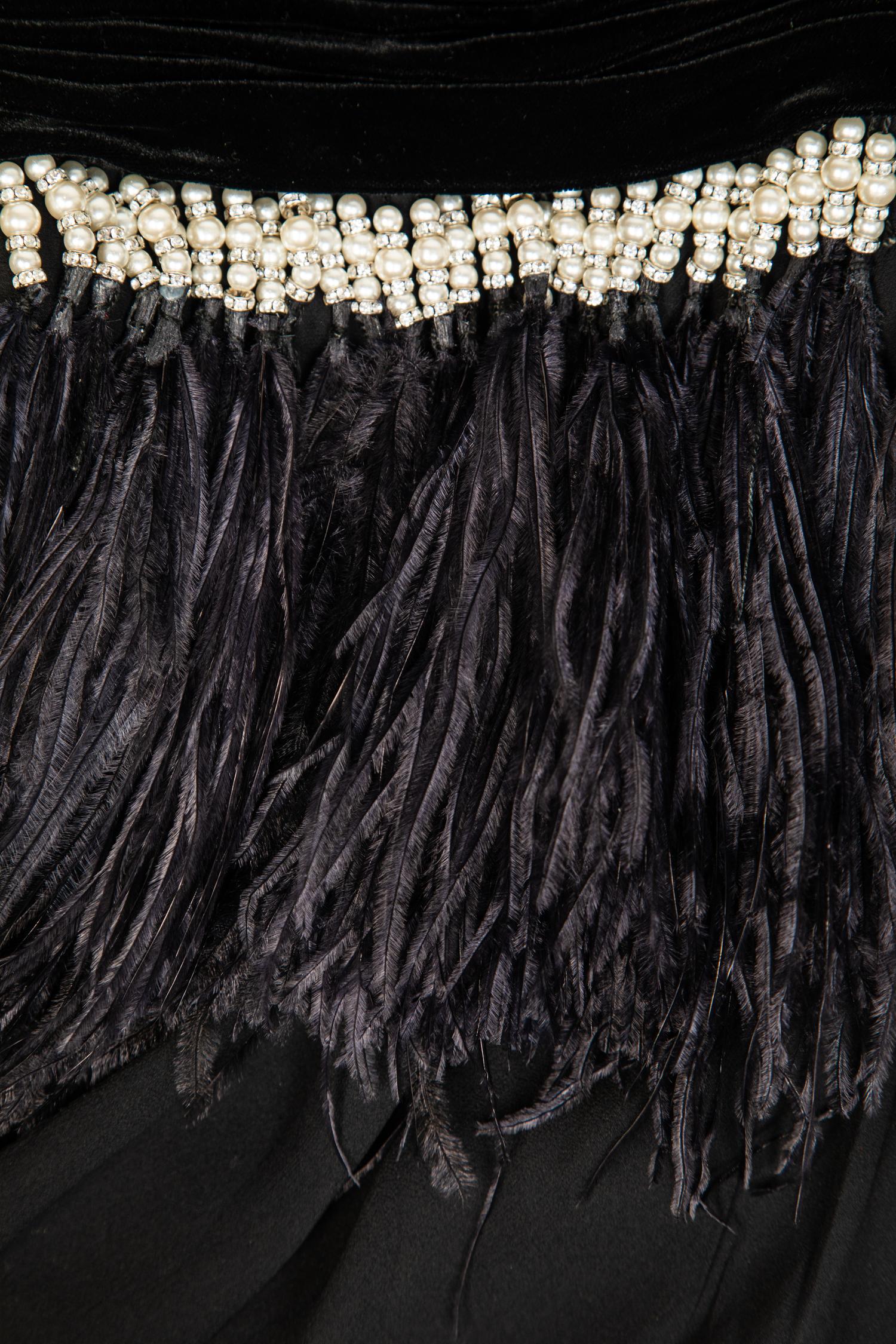 Atelier Versace Black Strapless Dress with Velvet and Feather Trim, 1990s No size label