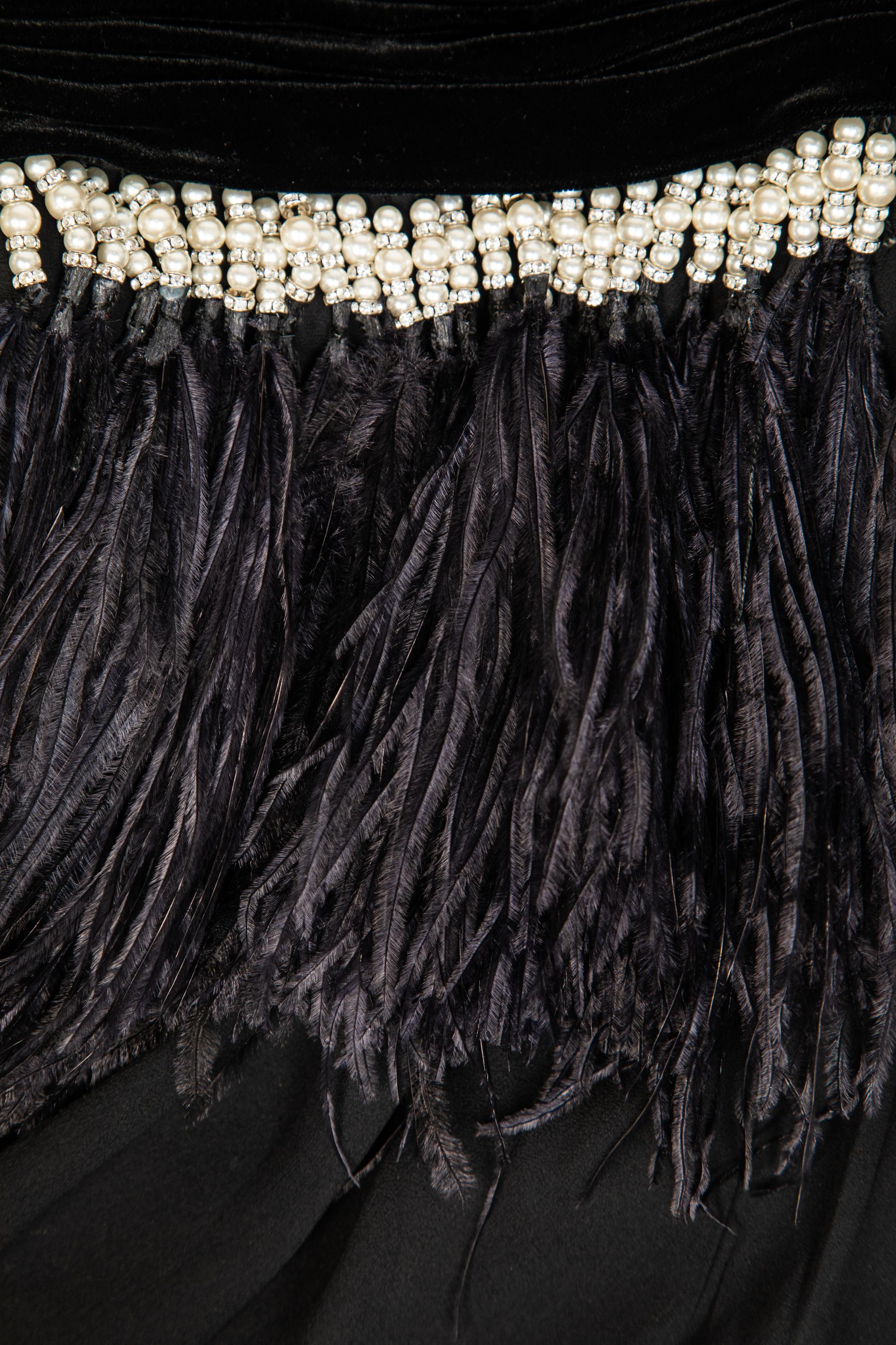 Atelier Versace Black Strapless Dress with Velvet and Feather Trim, 1990s No size label