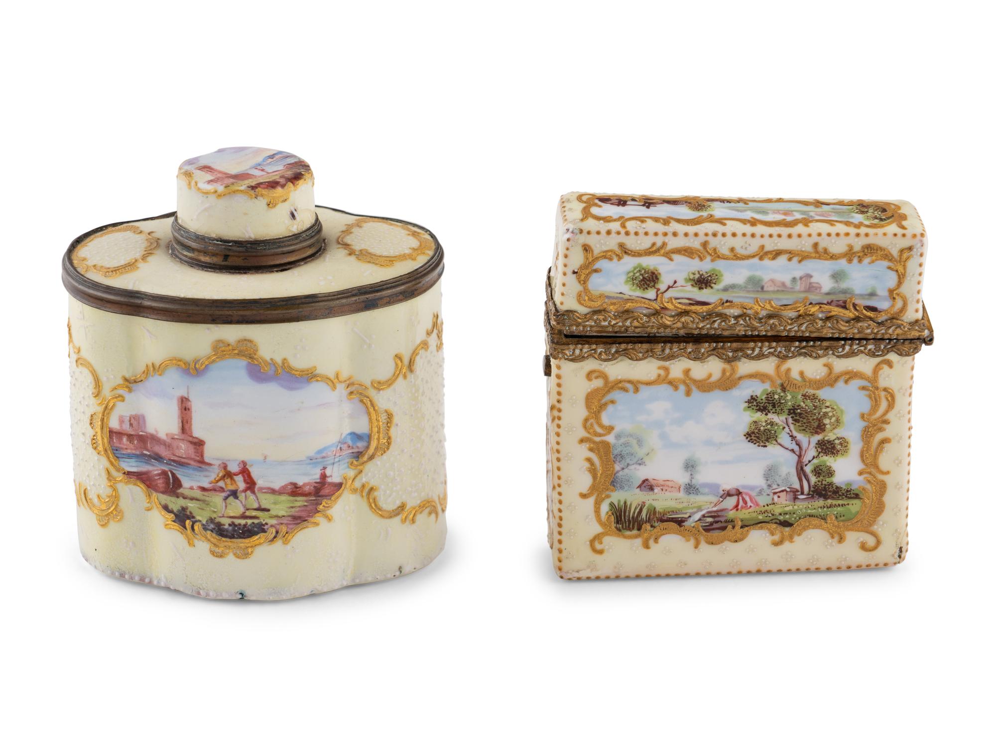 A South Staffordshire Enamel Tea Caddy and Étui