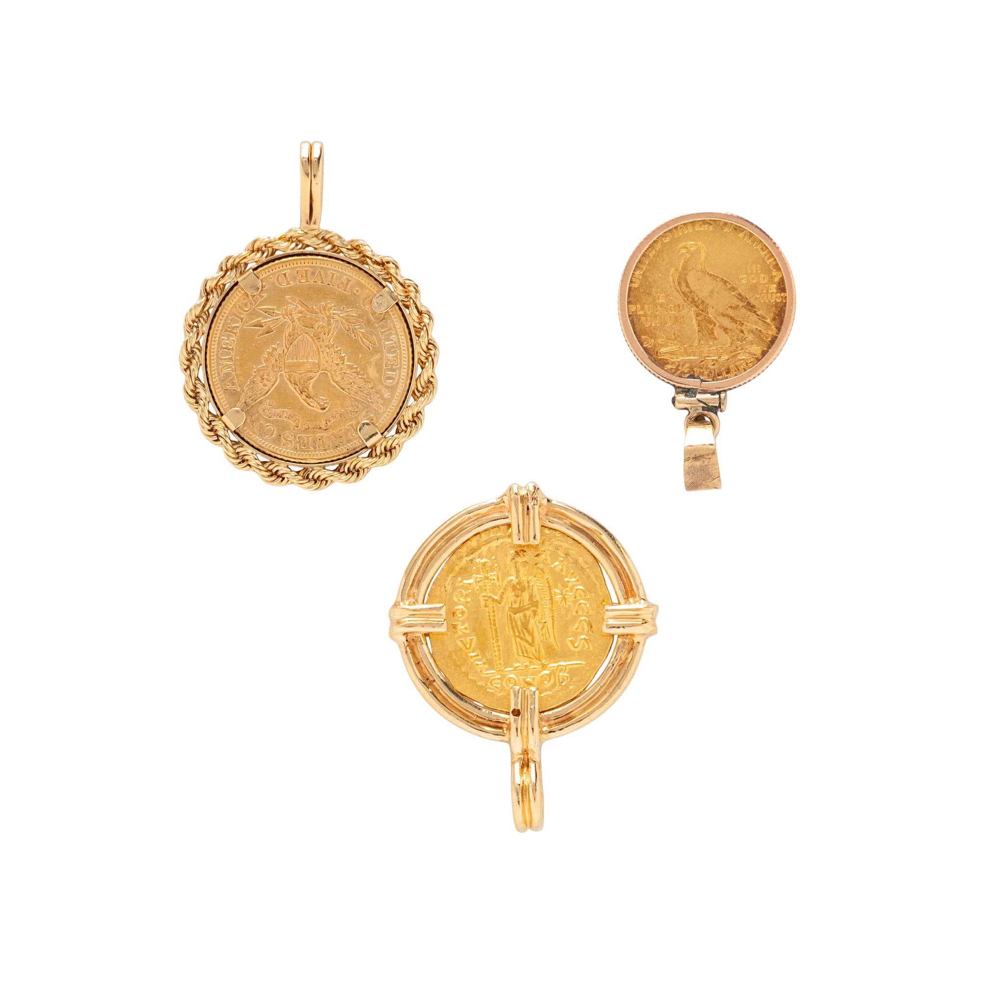 COLLECTION OF YELLOW GOLD COIN PENDANTS