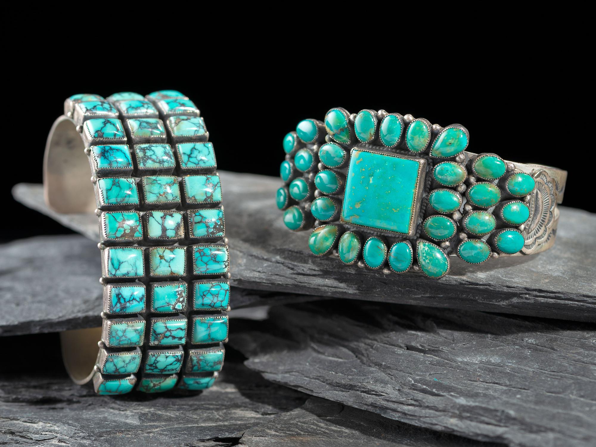 Southwestern-style Sterling Silver and Turquoise Cluster Cuff Bracelets