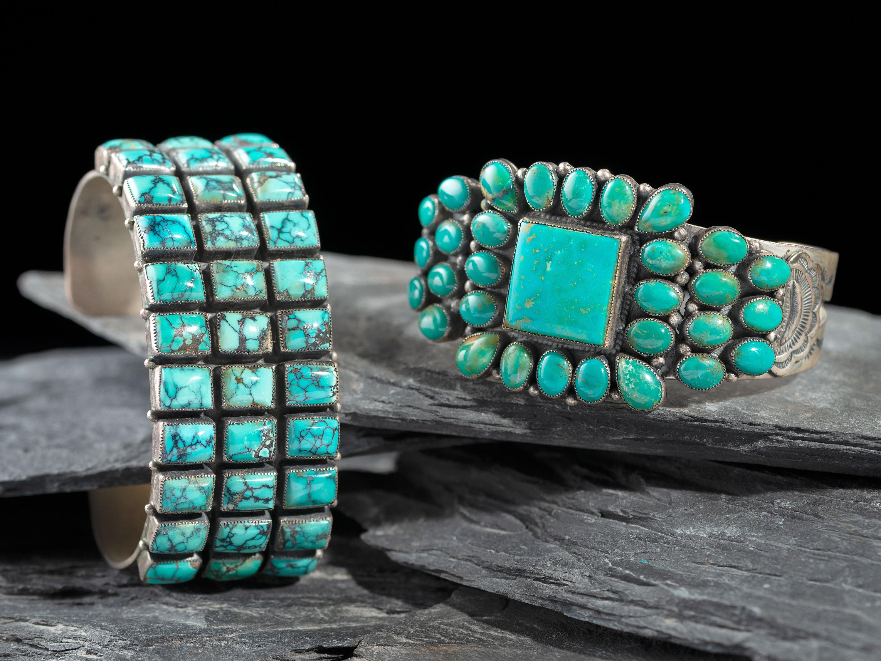 Southwestern-style Sterling Silver and Turquoise Cluster Cuff Bracelets