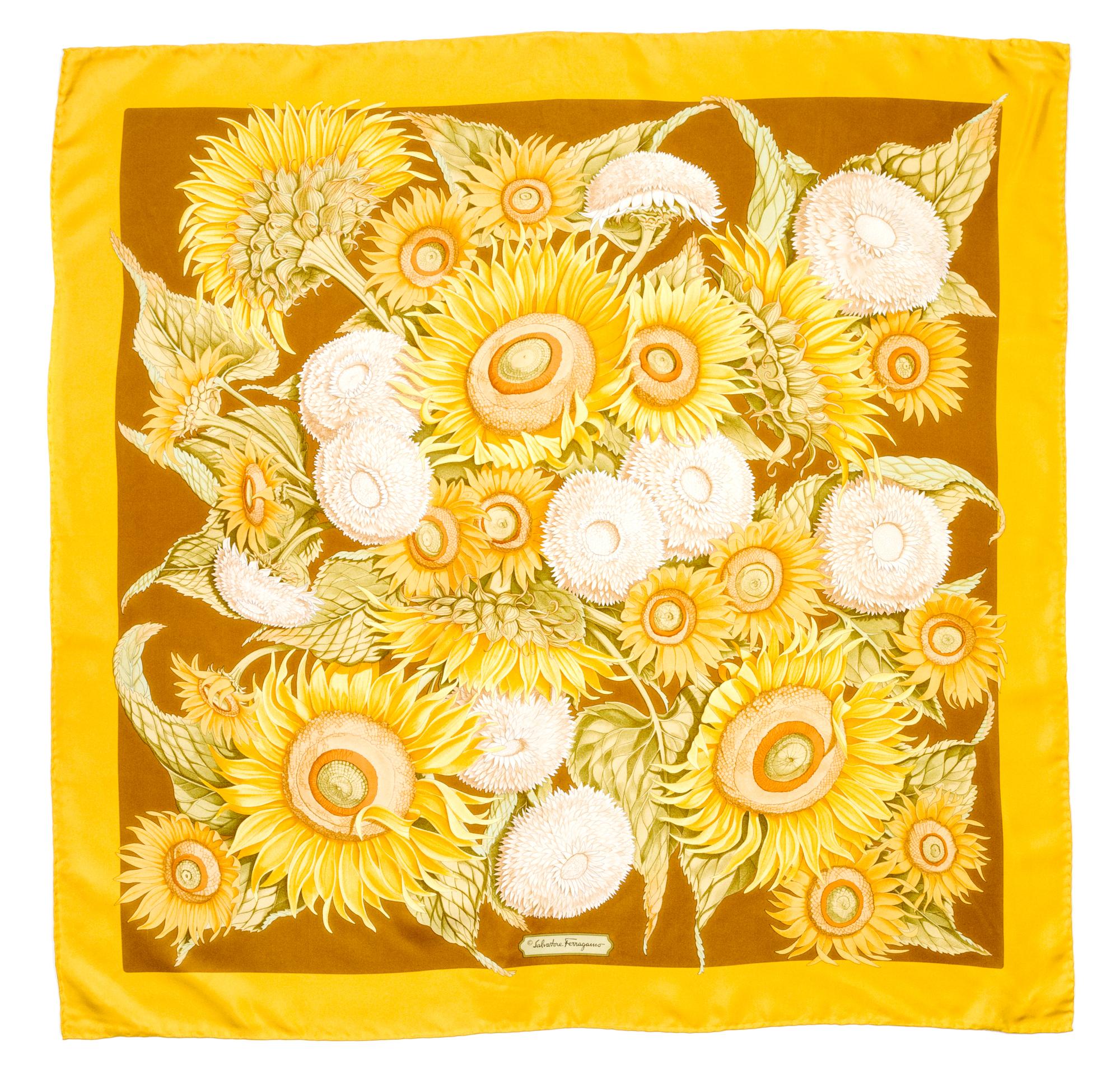 A Ferragamo 90cm Goldenrod Silk Sunflower Scarf, 36" x 36".