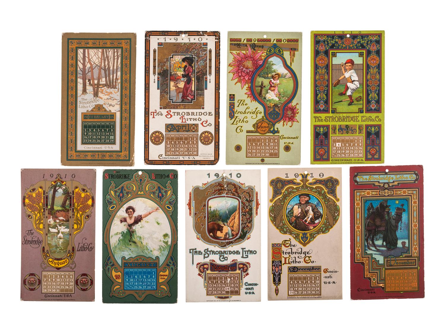 [ADVERTISING]. A group of 55+ Strobridge Litho Co. calendar cards. Cincinnati, OH: 1903-1912.