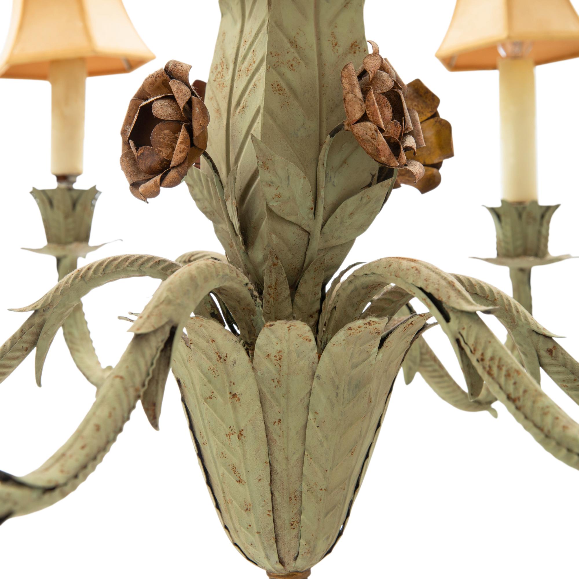 A French Green Tole Six-Light Chandelier