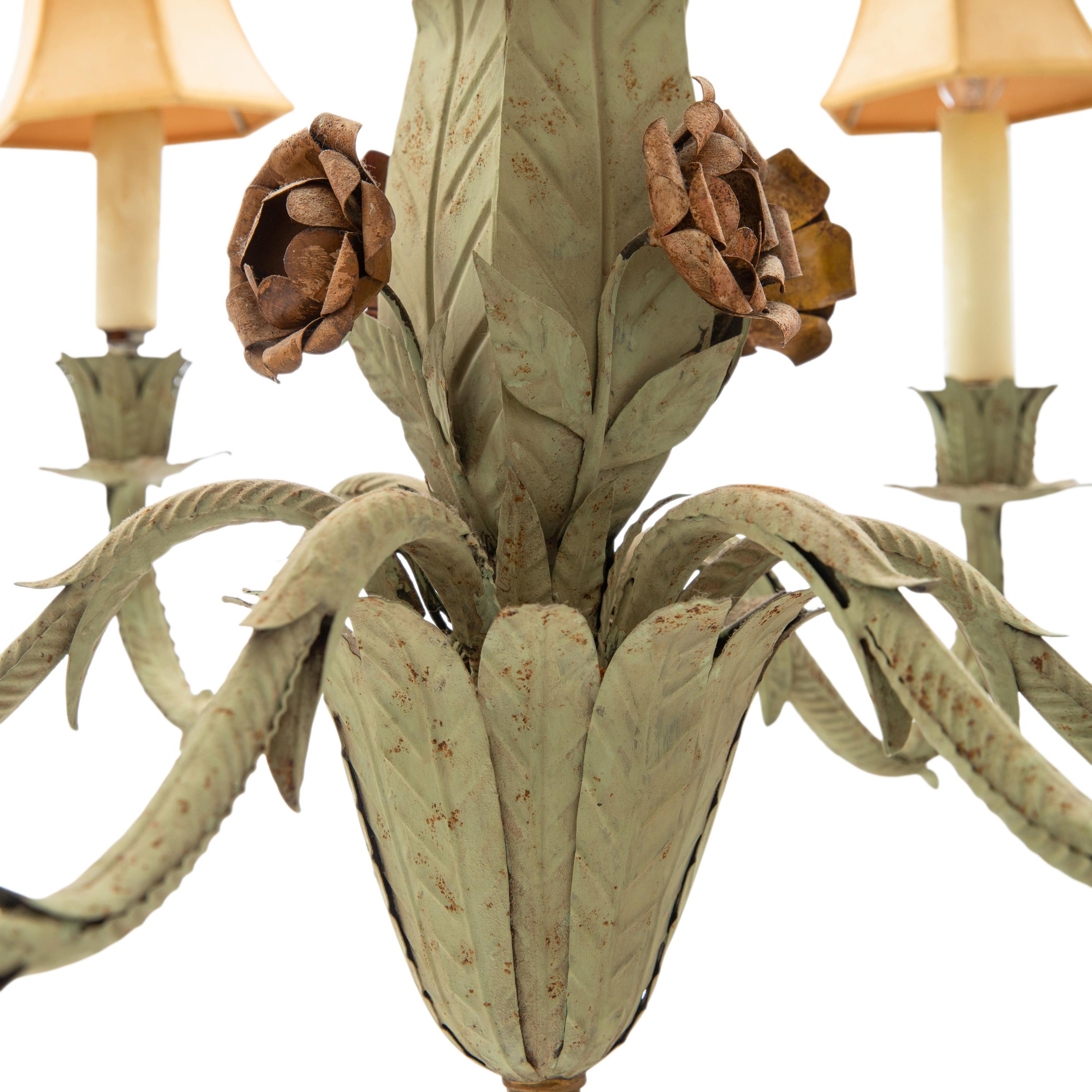 A French Green Tole Six-Light Chandelier